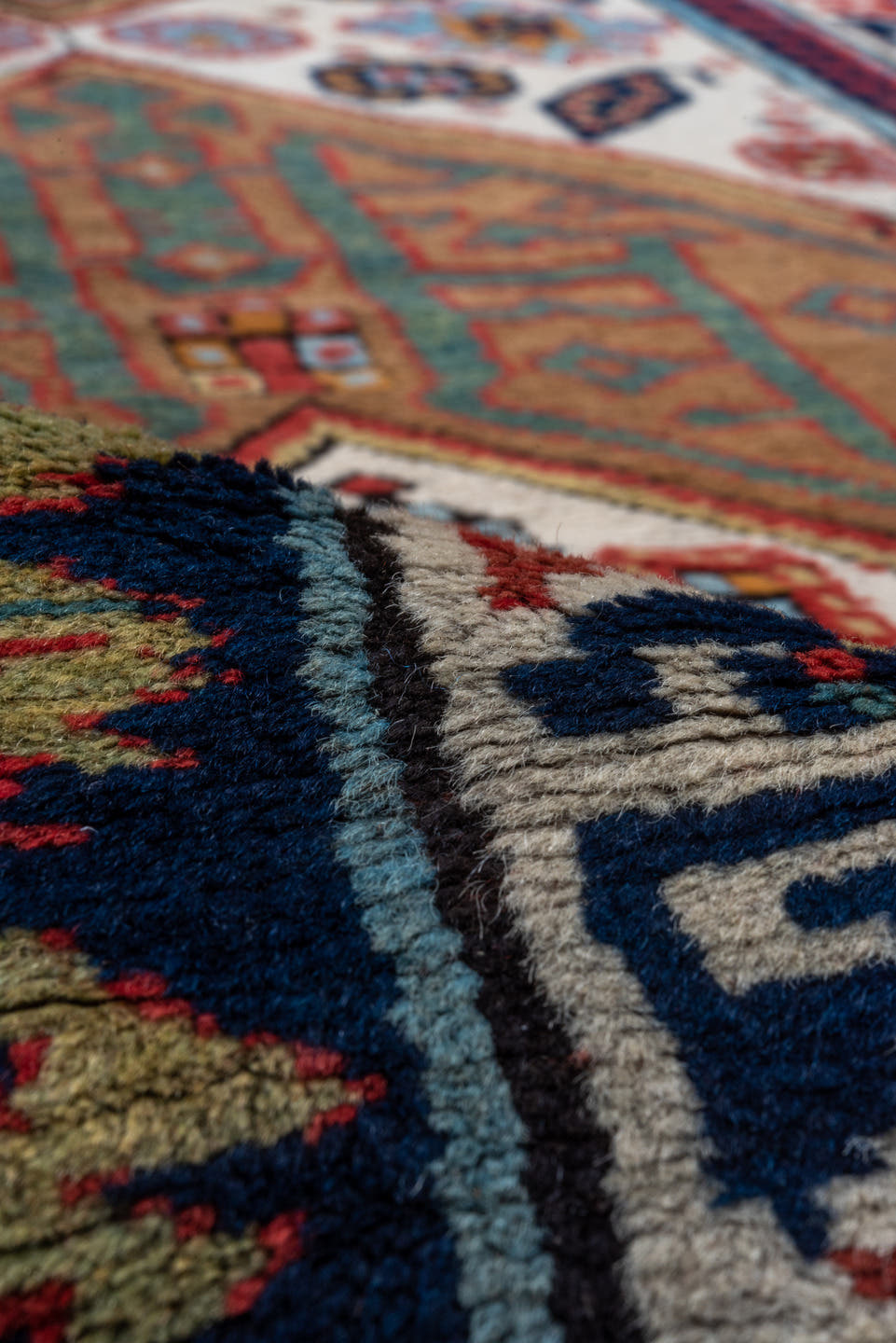 3' x 12' one-of-a-kind handmade antique Cam Hamadan runner rug. Color palette: camel, ivory, rust, navy, sage, terra cotta