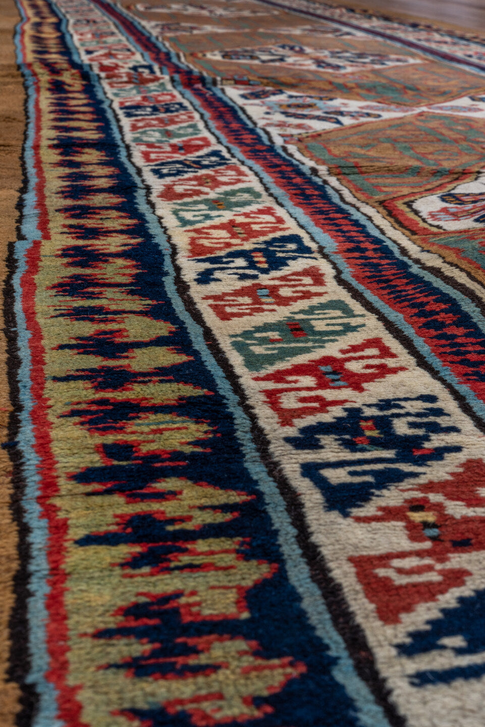 3' x 12' one-of-a-kind handmade vintage Cam Hamadan runner rug. Color palette: blue, brown, dark gray, gray, off-white, red