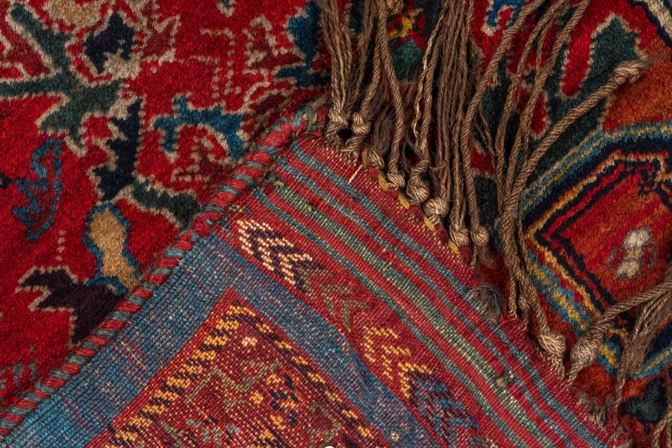 5' x 8' one-of-a-kind handmade antique Qashqai medium size rug. Color palette: red, navy, ivory, sky blue, rust, gold