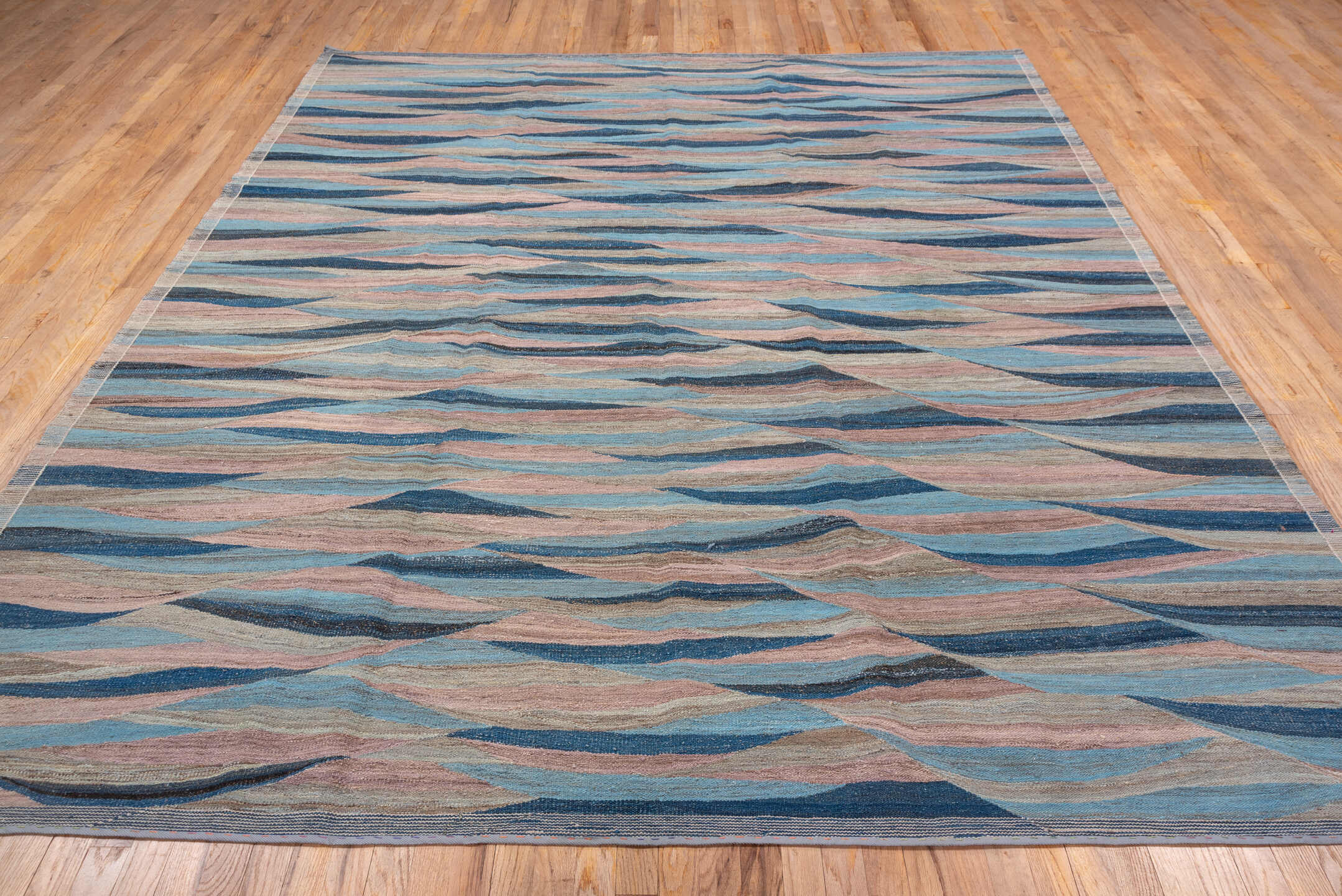 8' x 9' one-of-a-kind handmade vintage Kilim rug. Color palette: taupe, sky blue, navy, blush, beige, slate, gray