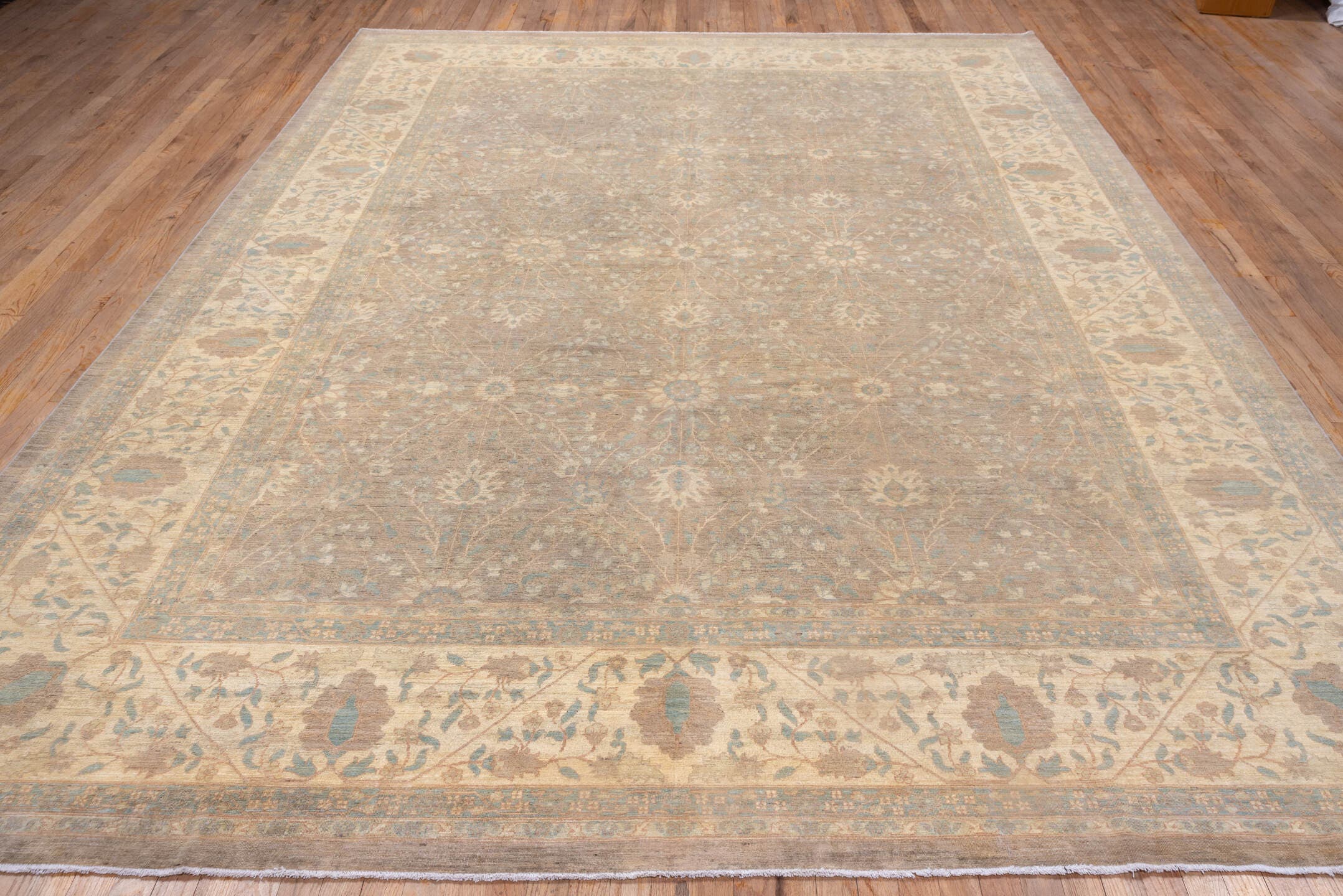 9' x 12' one-of-a-kind handmade vintage Sivas large size rug. Color palette: taupe, ivory, pale blue, beige, sand, camel