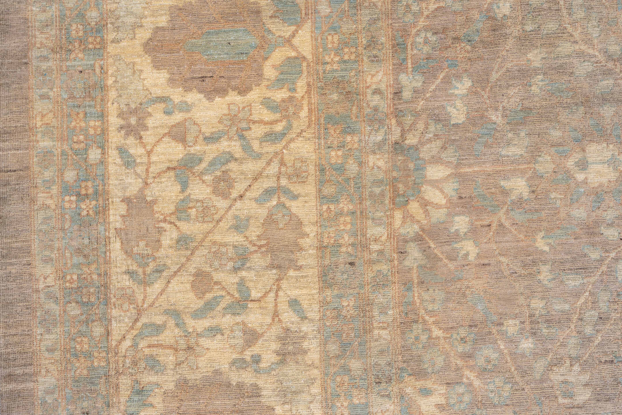 9' x 12' one-of-a-kind handmade vintage Sivas large size rug. Color palette: taupe, ivory, pale blue, beige, sand, camel