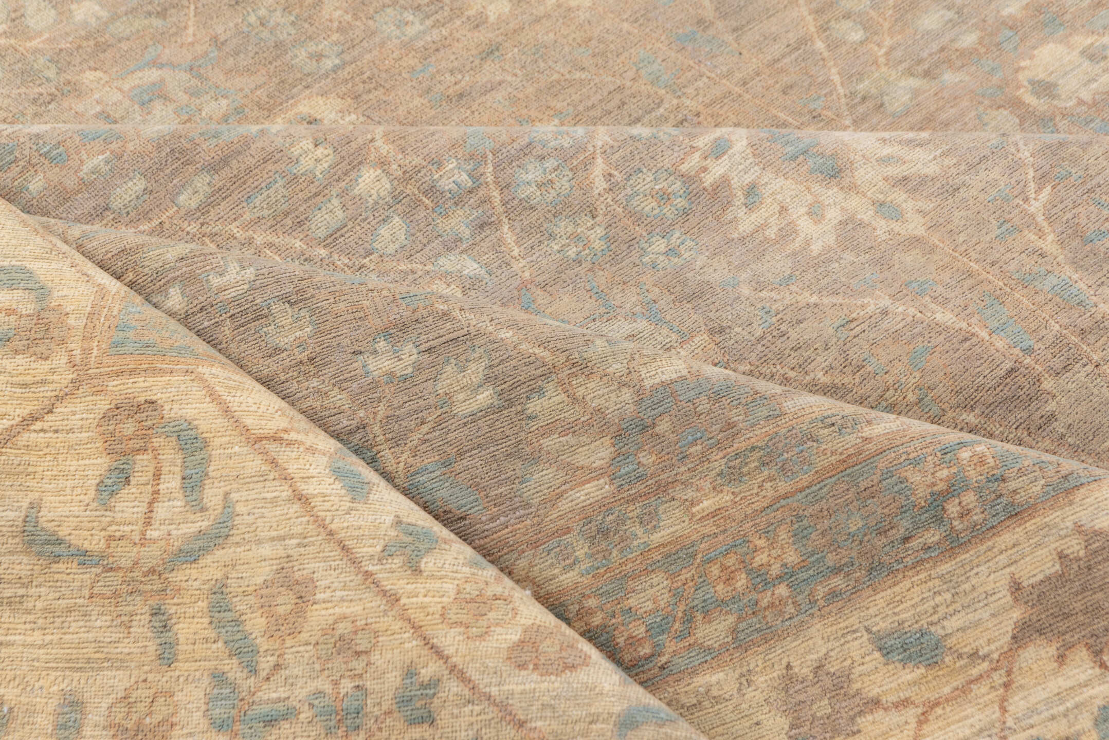 9' x 12' one-of-a-kind handmade vintage Sivas large size rug. Color palette: taupe, ivory, pale blue, beige, sand, camel
