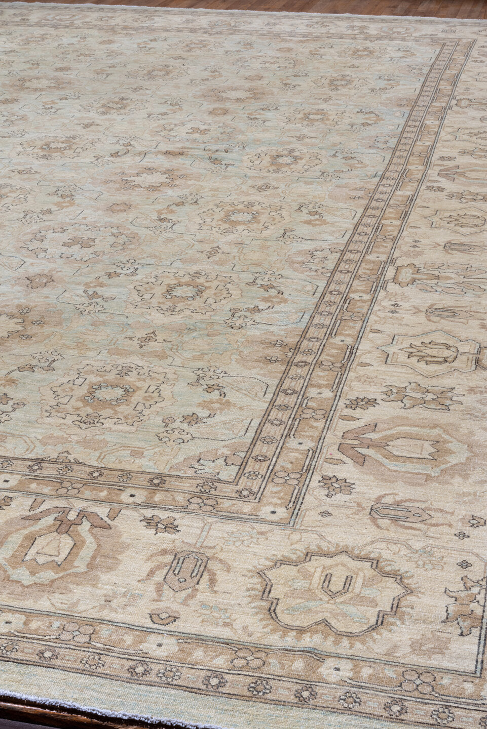 11' x 17' one-of-a-kind handmade vintage Sivas oversize rug. Color palette: antiquewhite, brown, cornsilk, gray, light gray