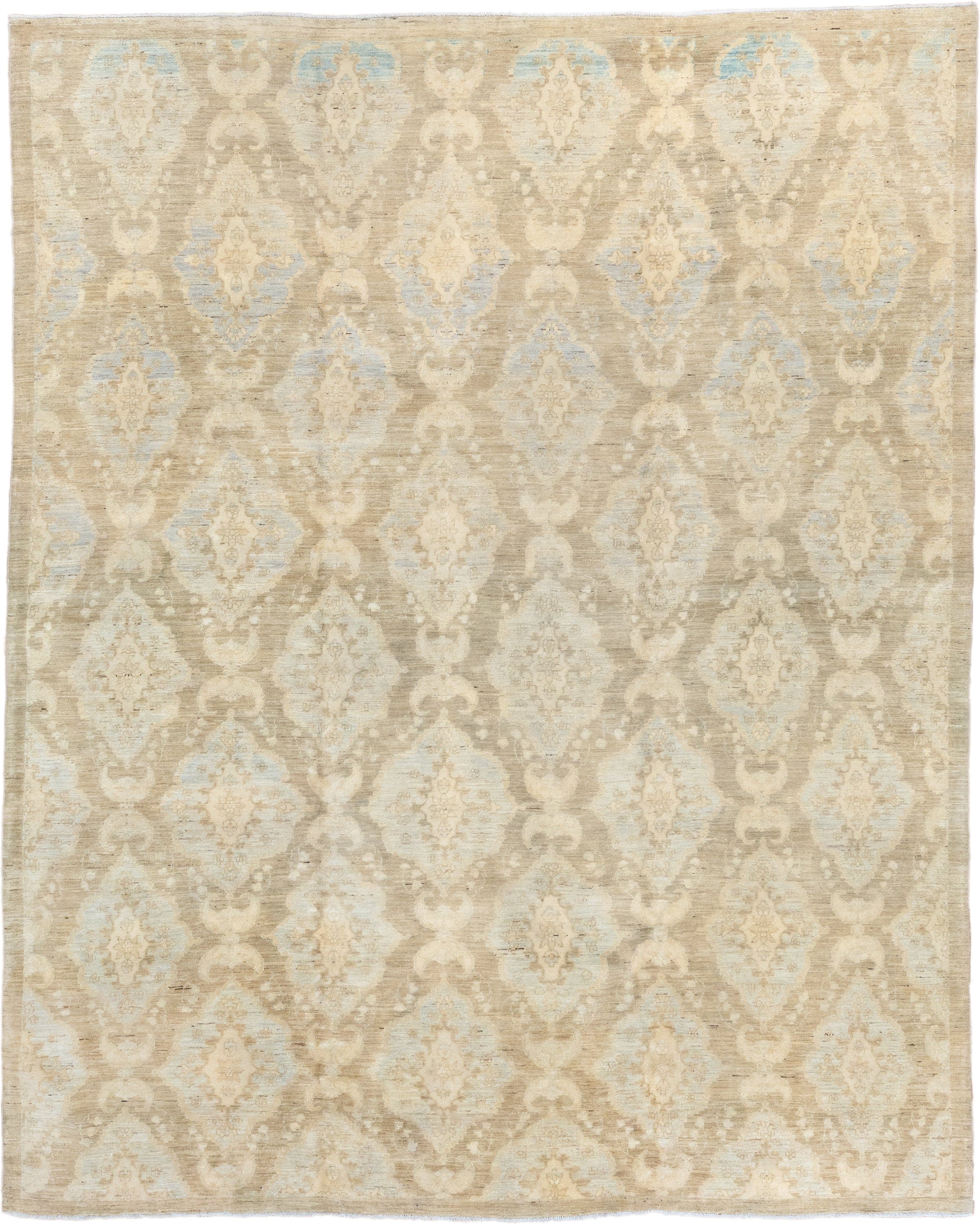 8' x 9' one-of-a-kind handmade vintage Sivas rug. Color palette: beige, ivory, cream, pale blue, taupe, light blue, gray
