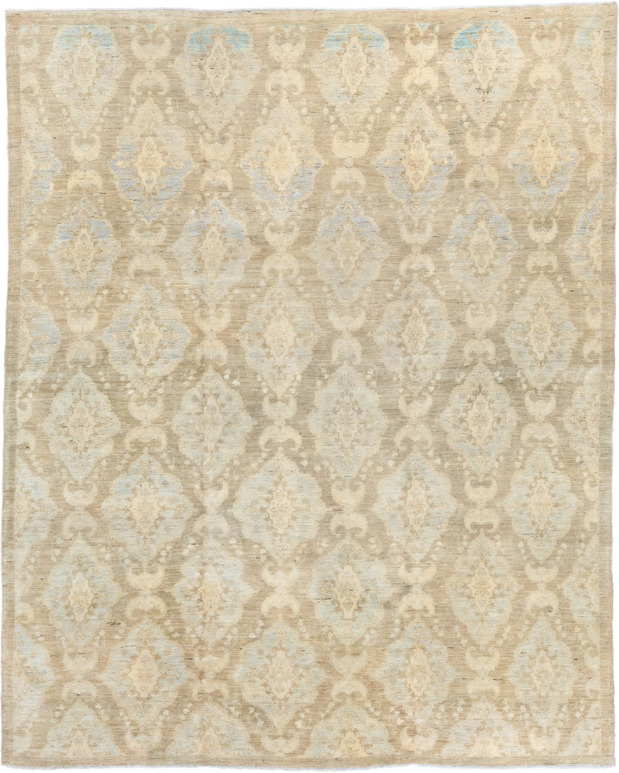 8' x 9' one-of-a-kind handmade vintage Sivas rug. Color palette: beige, ivory, cream, pale blue, taupe, light blue, gray