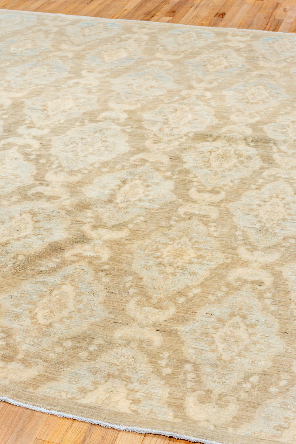 8' x 9' one-of-a-kind handmade vintage Sivas rug. Color palette: beige, ivory, cream, pale blue, taupe, light blue, gray