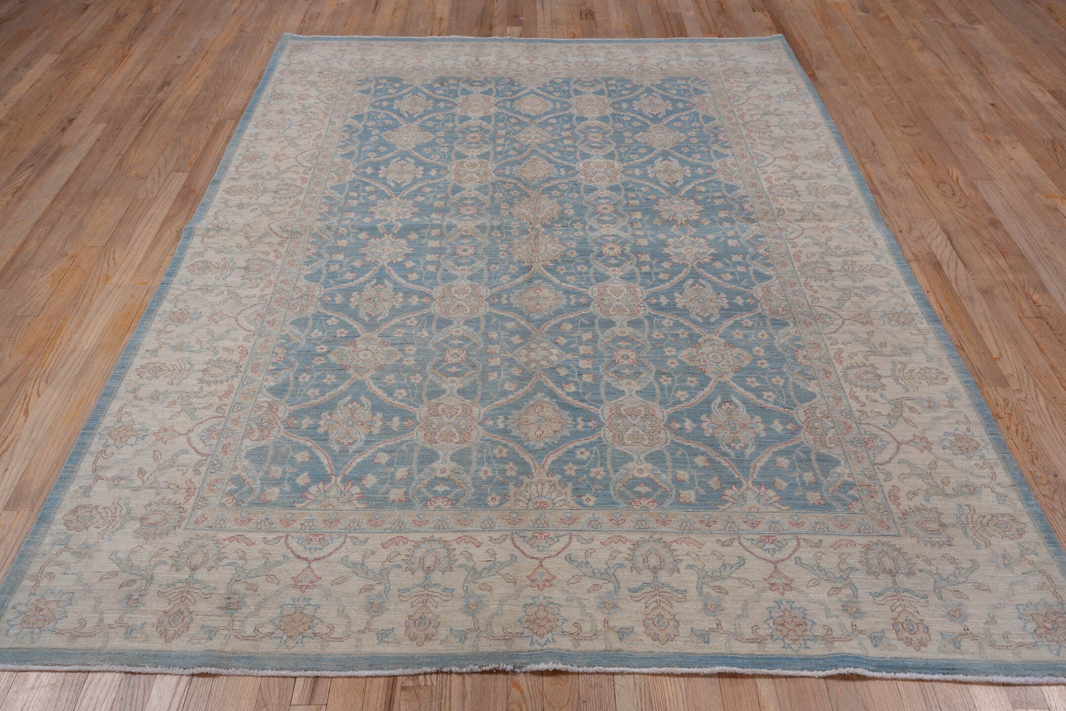 6' x 9' one-of-a-kind handmade vintage Afghan medium size rug. Color palette: pale blue, ivory, blush, taupe, sage