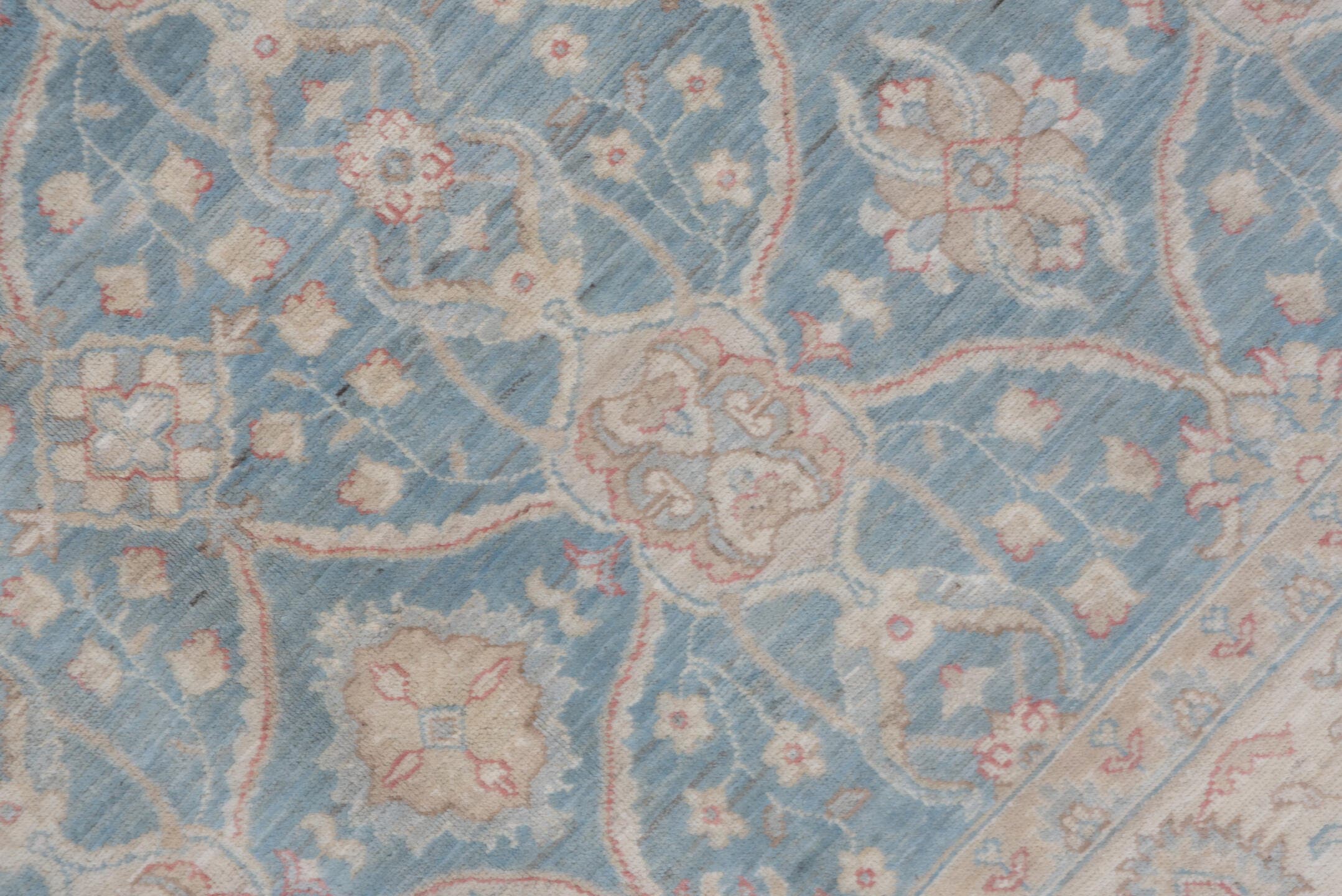 6' x 9' one-of-a-kind handmade vintage Afghan medium size rug. Color palette: pale blue, ivory, blush, taupe, sage