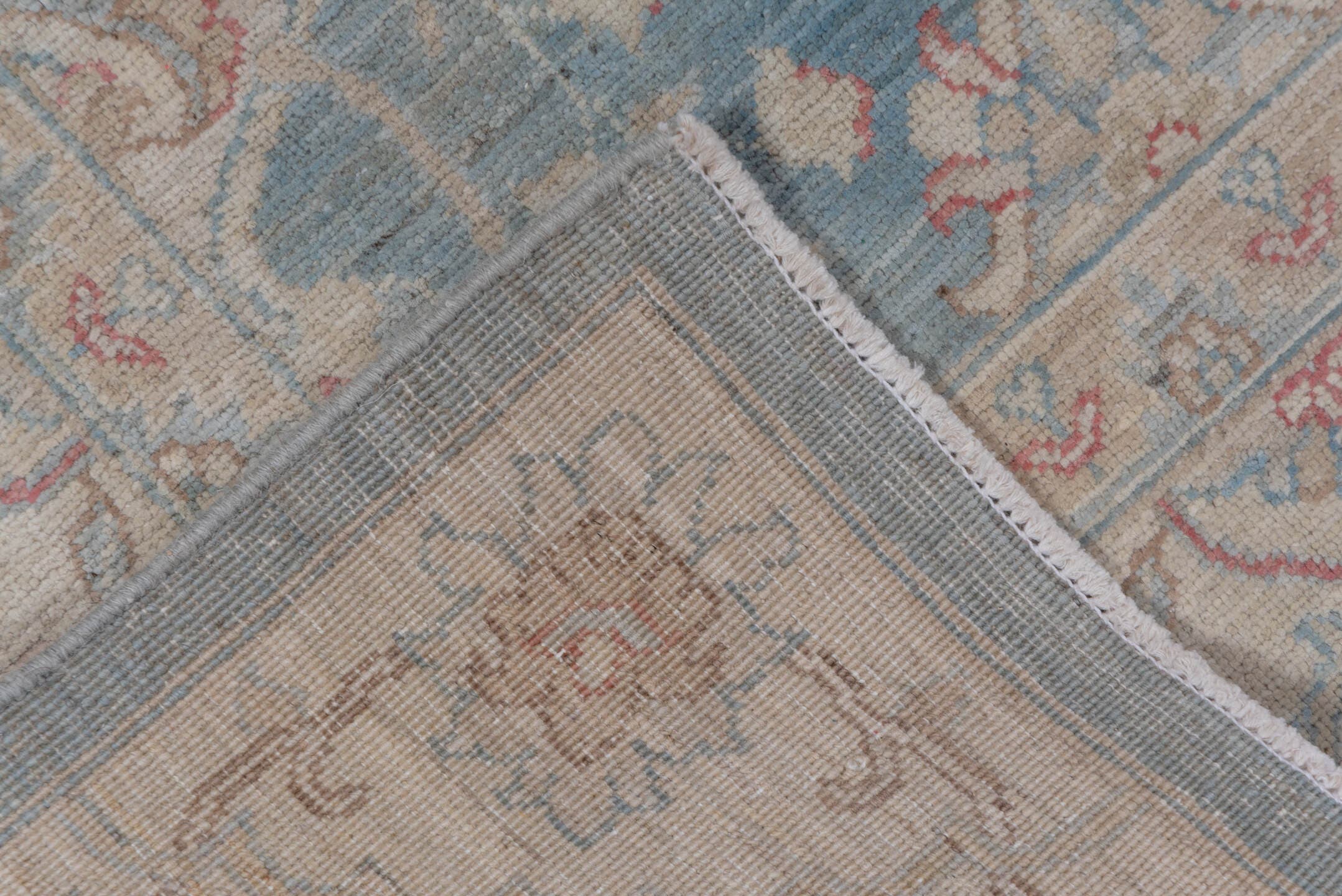 6' x 9' one-of-a-kind handmade vintage Afghan medium size rug. Color palette: pale blue, ivory, blush, taupe, sage