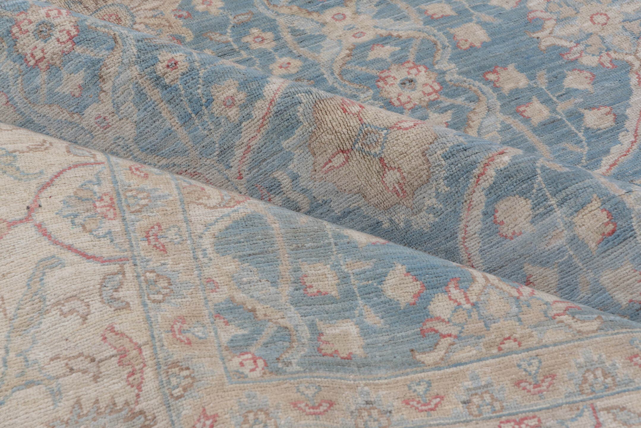 6' x 9' one-of-a-kind handmade vintage Afghan medium size rug. Color palette: pale blue, ivory, blush, taupe, sage