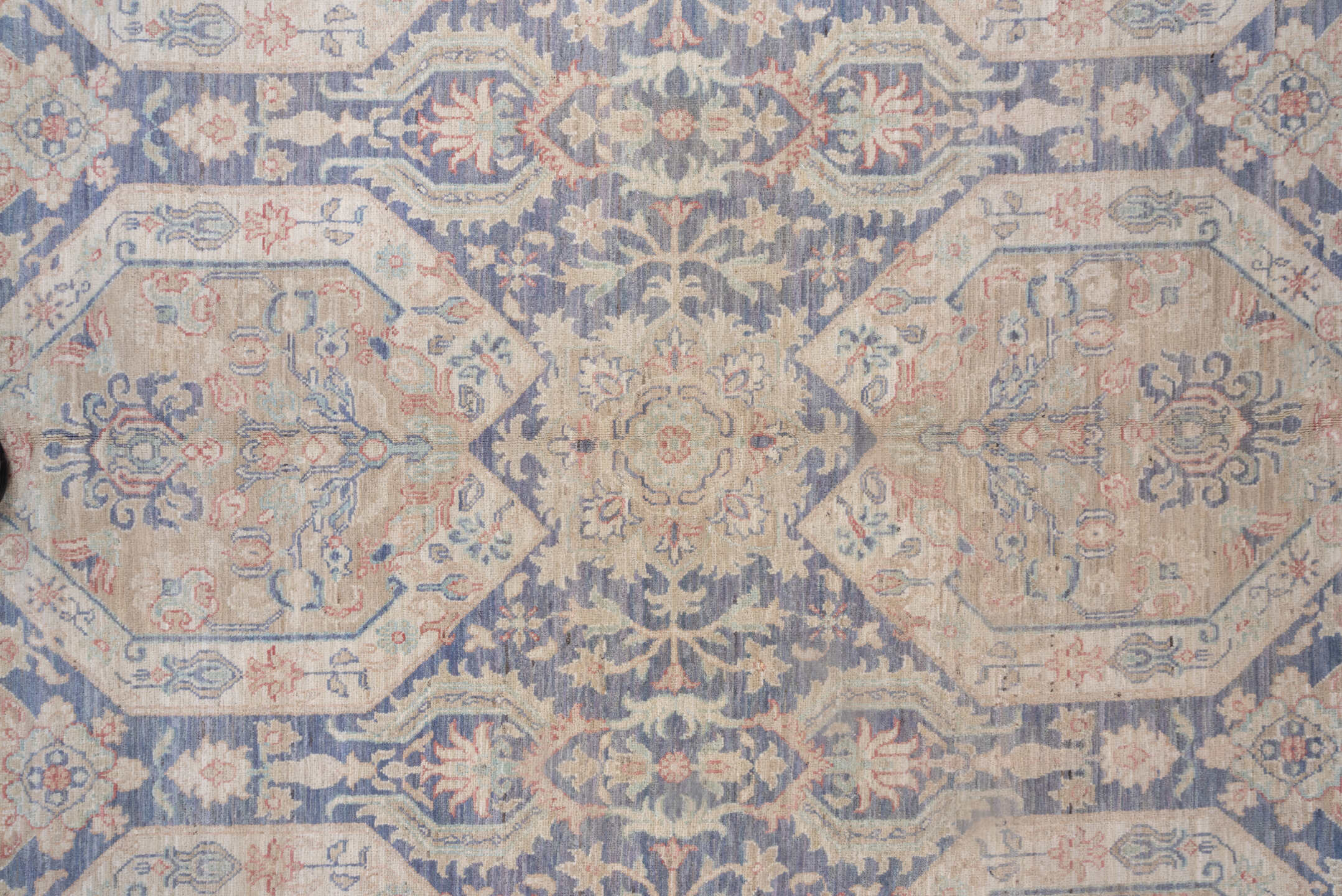 8' x 12' one-of-a-kind handmade vintage Afghan large size rug. Color palette: powder blue, ivory, blush, taupe, slate, cream