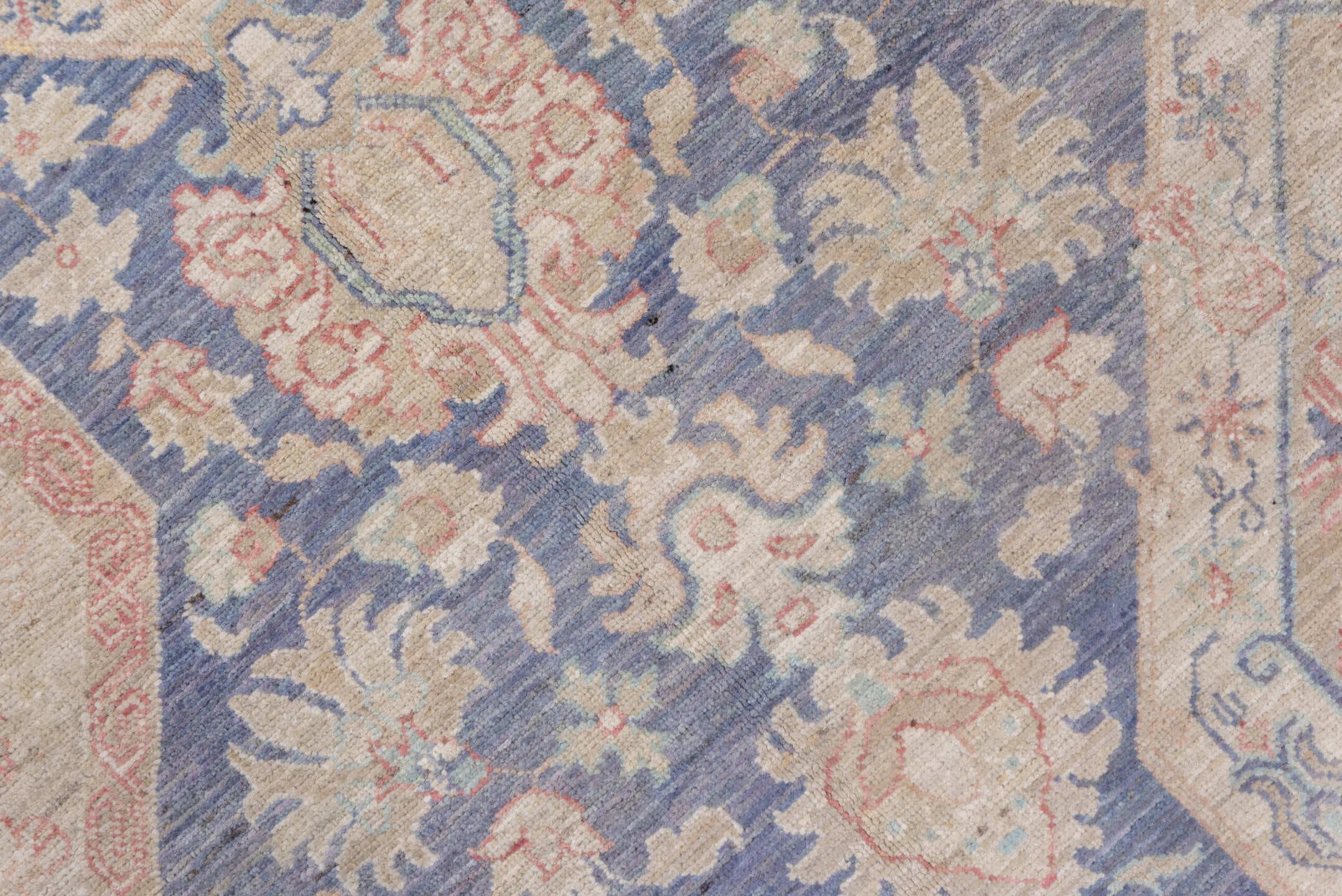 8' x 12' one-of-a-kind handmade vintage Afghan large size rug. Color palette: powder blue, ivory, blush, taupe, slate, cream