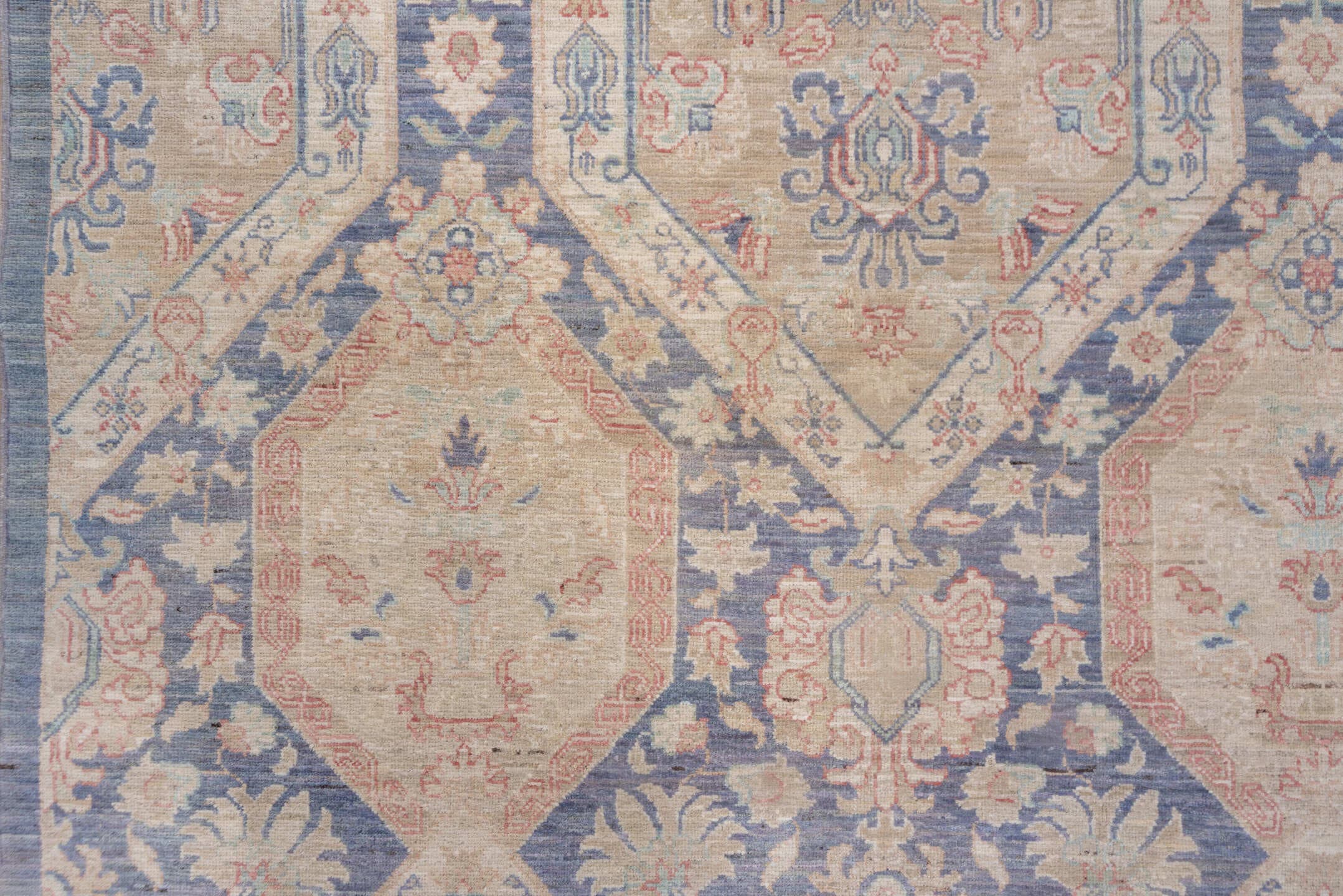 8' x 12' one-of-a-kind handmade vintage Afghan large size rug. Color palette: powder blue, ivory, blush, taupe, slate, cream