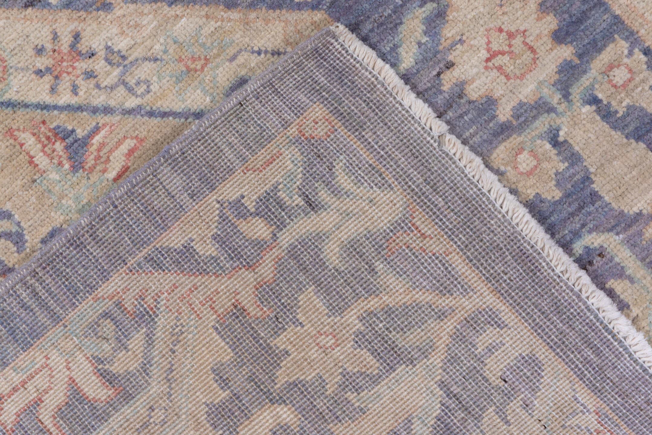 8' x 12' one-of-a-kind handmade vintage Afghan large size rug. Color palette: powder blue, ivory, blush, taupe, slate, cream