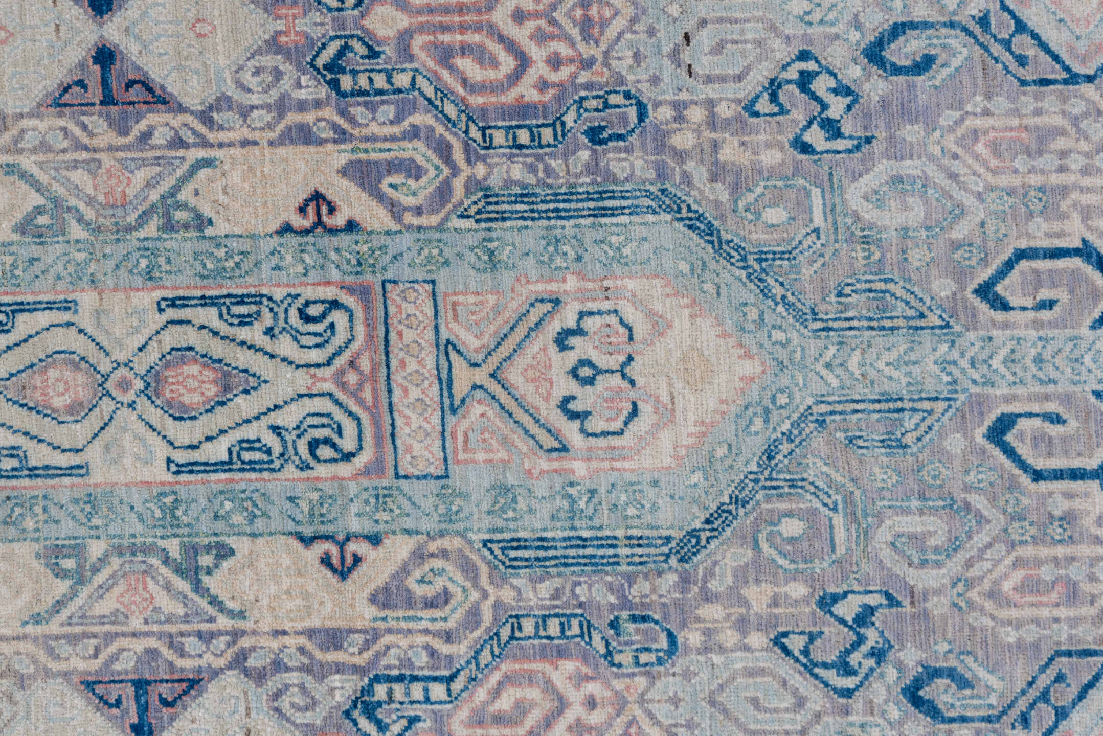 10' x 13' one-of-a-kind handmade vintage Afghan large size rug. Color palette: powder blue, ivory, pale lavender, slate
