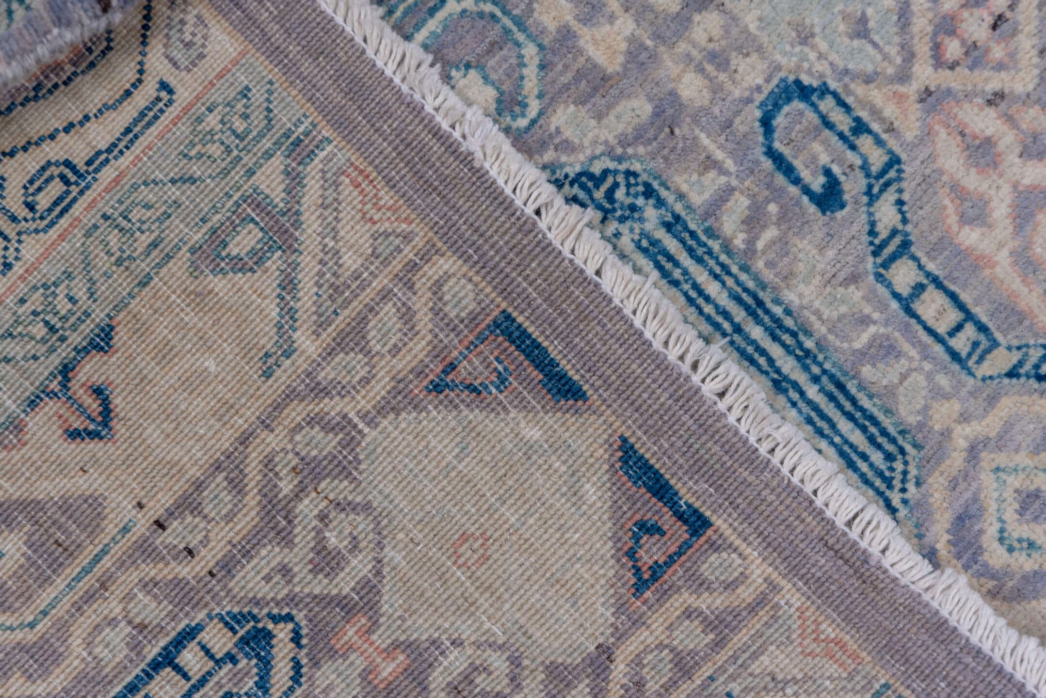 10' x 13' one-of-a-kind handmade vintage Afghan large size rug. Color palette: powder blue, ivory, pale lavender, slate