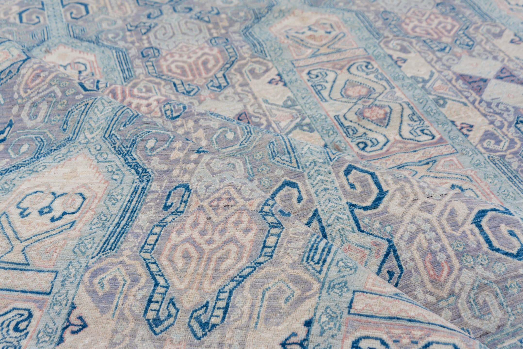 10' x 13' one-of-a-kind handmade vintage Afghan large size rug. Color palette: powder blue, ivory, pale lavender, slate