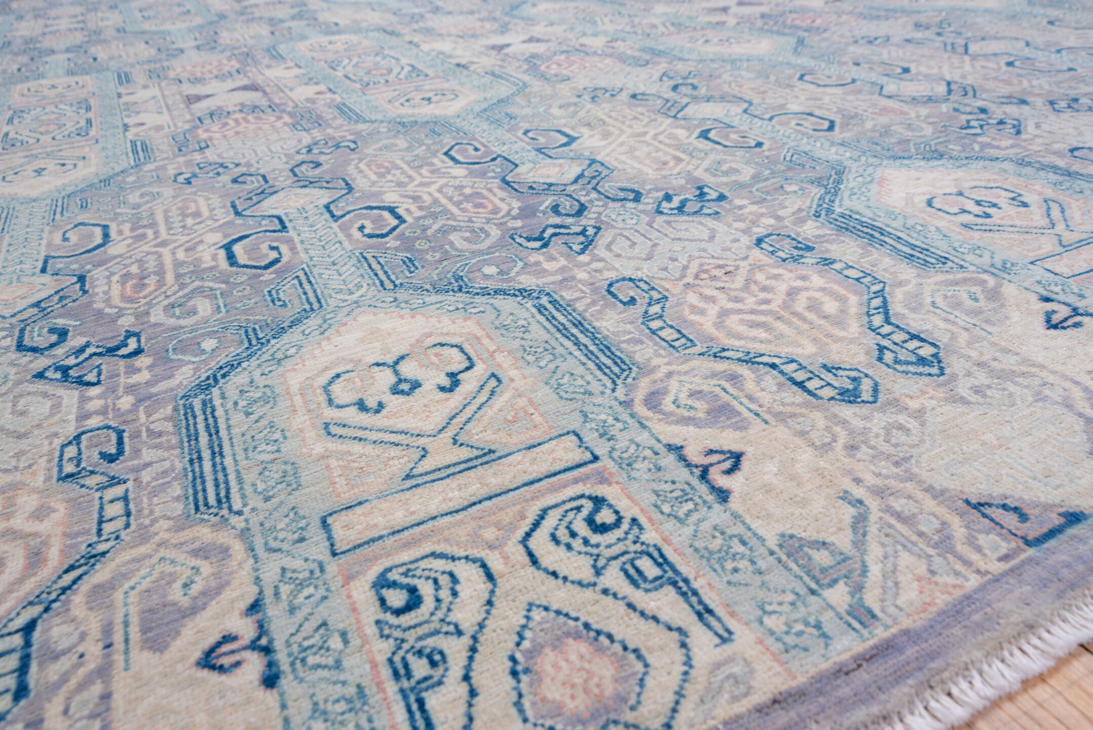 10' x 13' one-of-a-kind handmade vintage Afghan large size rug. Color palette: powder blue, ivory, pale lavender, slate