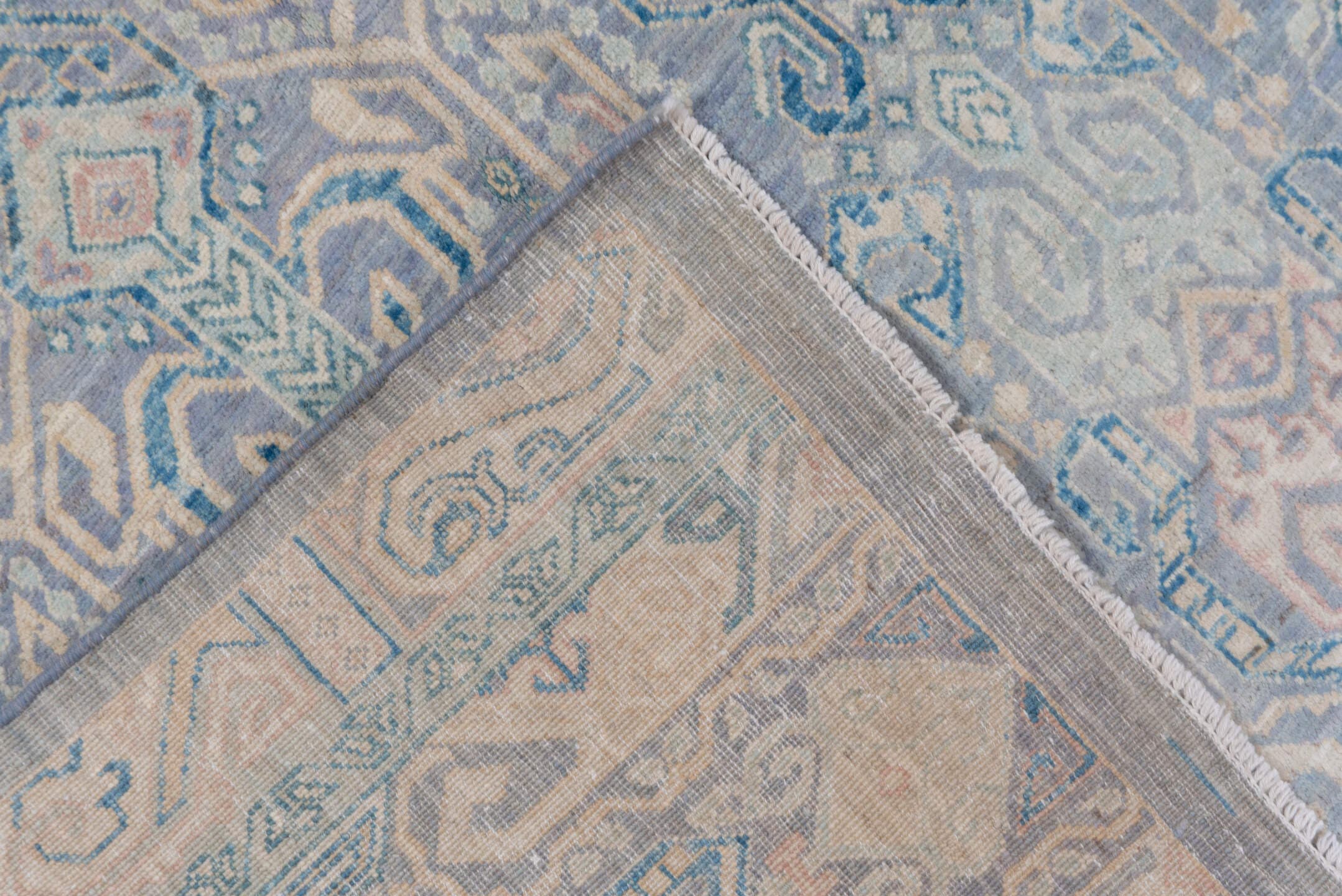 7' x 10' one-of-a-kind handmade vintage Afghan large size rug. Color palette: sky blue, ivory, pale blue, slate, taupe