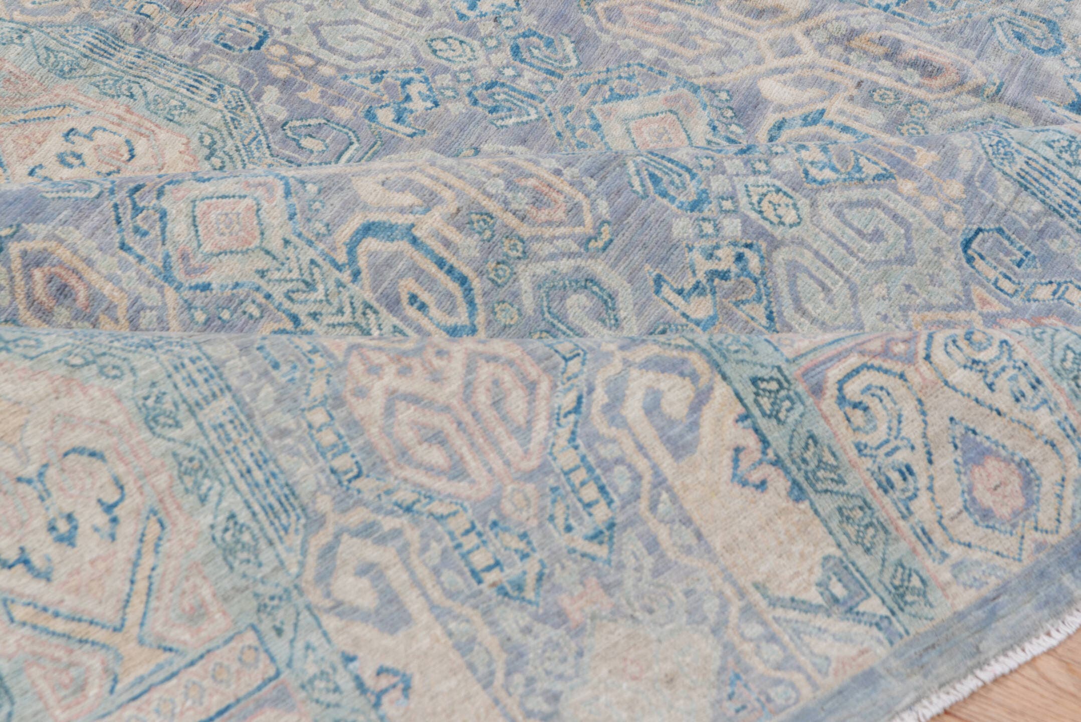 7' x 10' one-of-a-kind handmade vintage Afghan large size rug. Color palette: sky blue, ivory, pale blue, slate, taupe