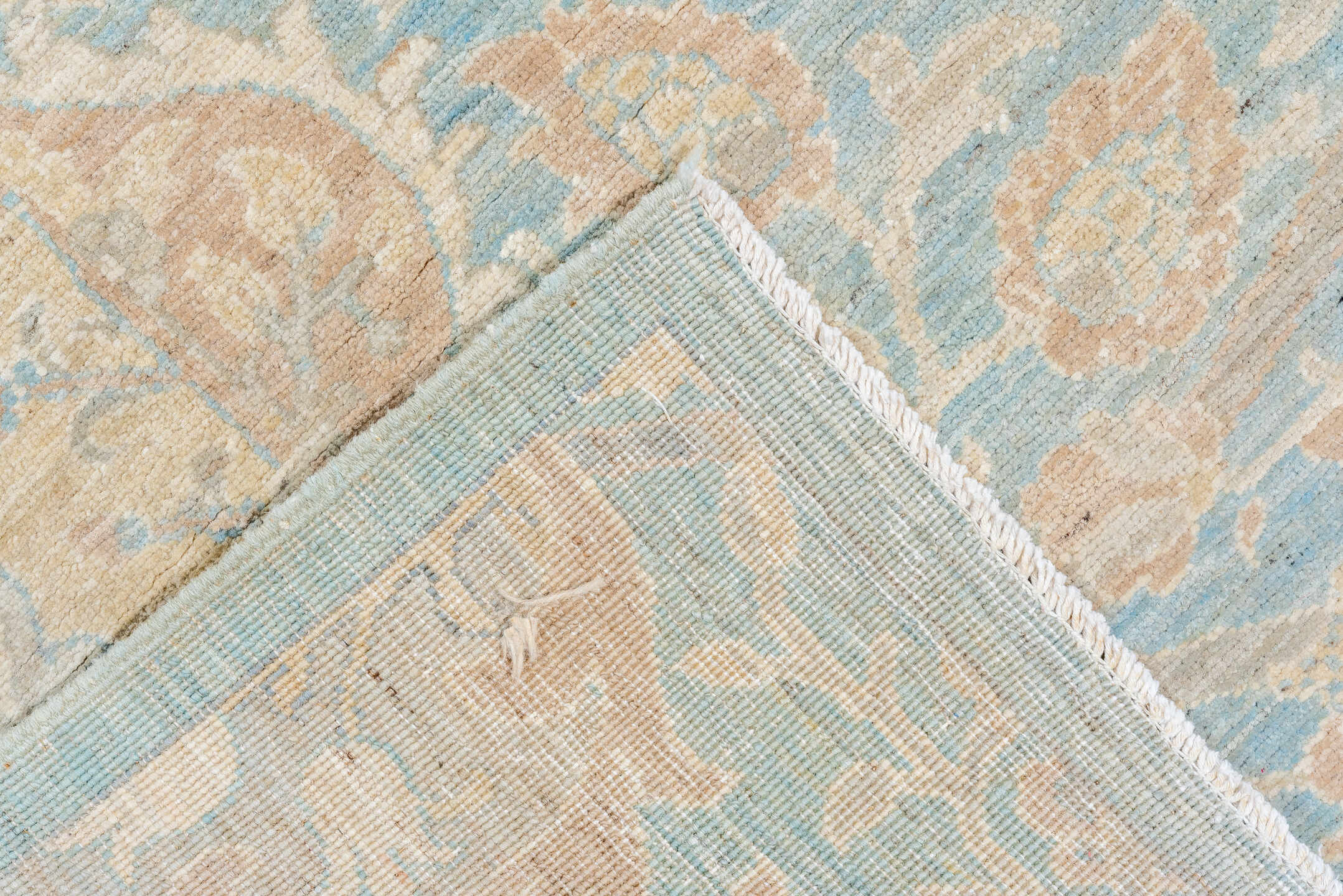 10' x 13' one-of-a-kind handmade vintage Afghan large size rug. Color palette: sky blue, ivory, cream, blush, taupe
