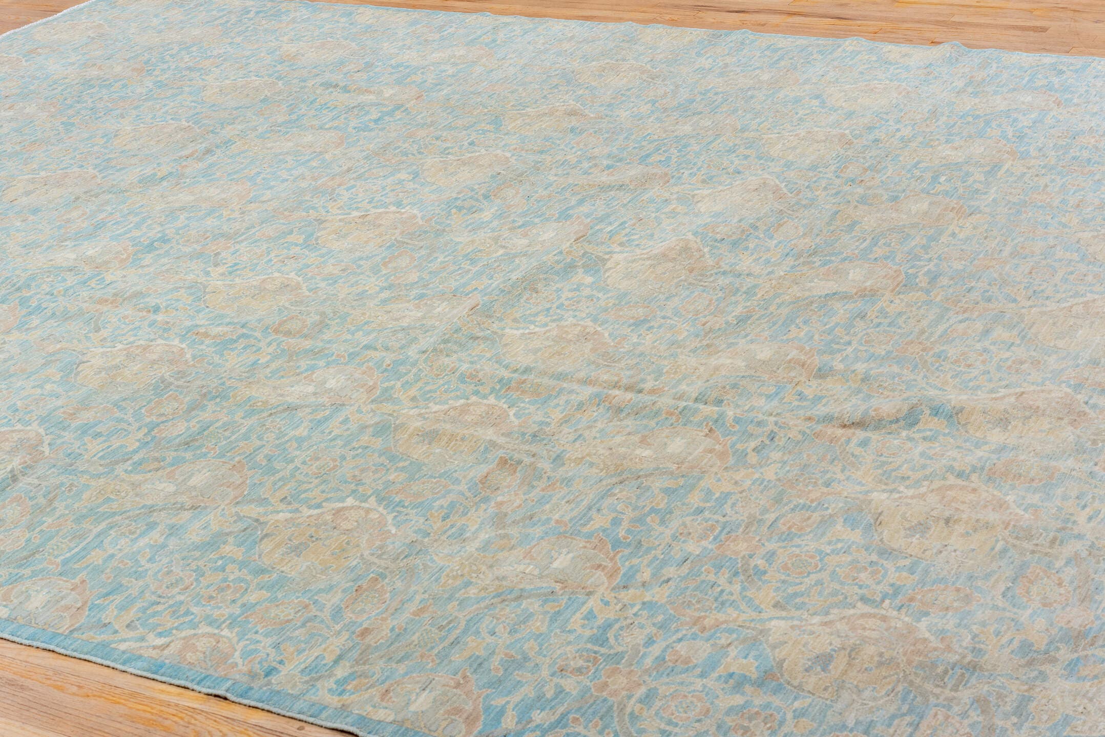 10' x 13' one-of-a-kind handmade vintage Afghan large size rug. Color palette: sky blue, ivory, cream, blush, taupe