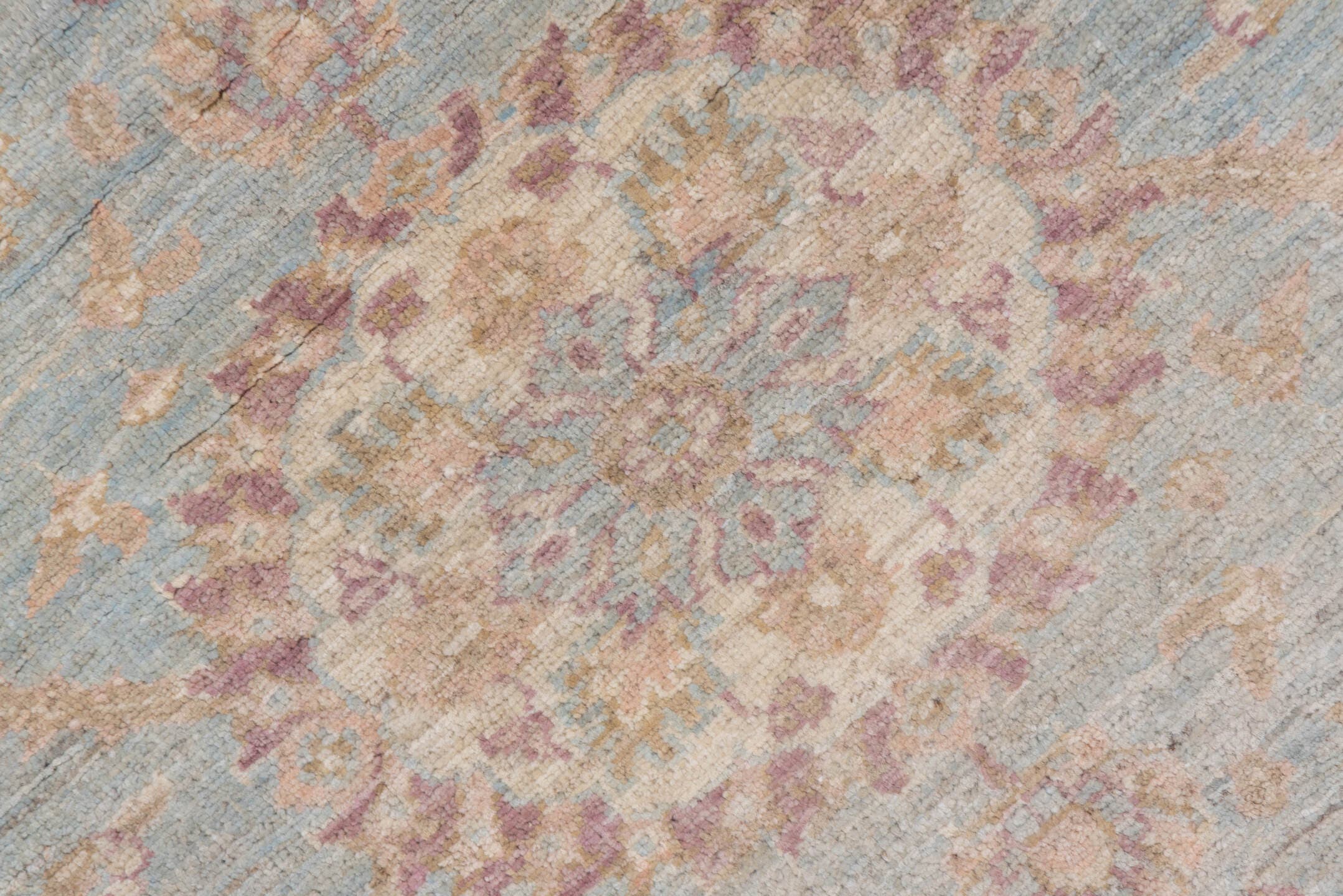 8' x 9' one-of-a-kind handmade vintage Afghan rug. Color palette: light blue, ivory, taupe, dusty rose, beige, lavender