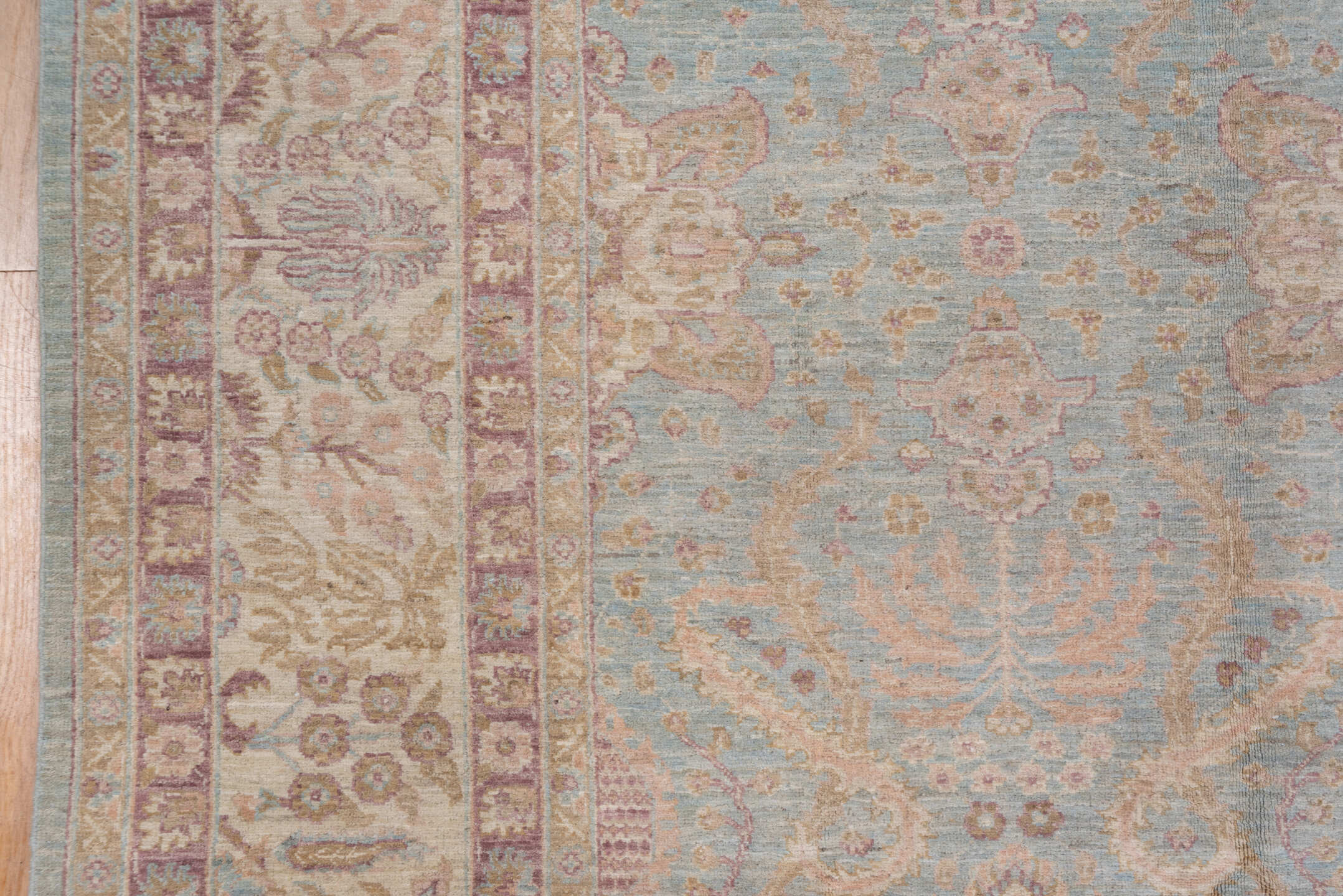 8' x 9' one-of-a-kind handmade vintage Afghan rug. Color palette: light blue, ivory, taupe, dusty rose, beige, lavender