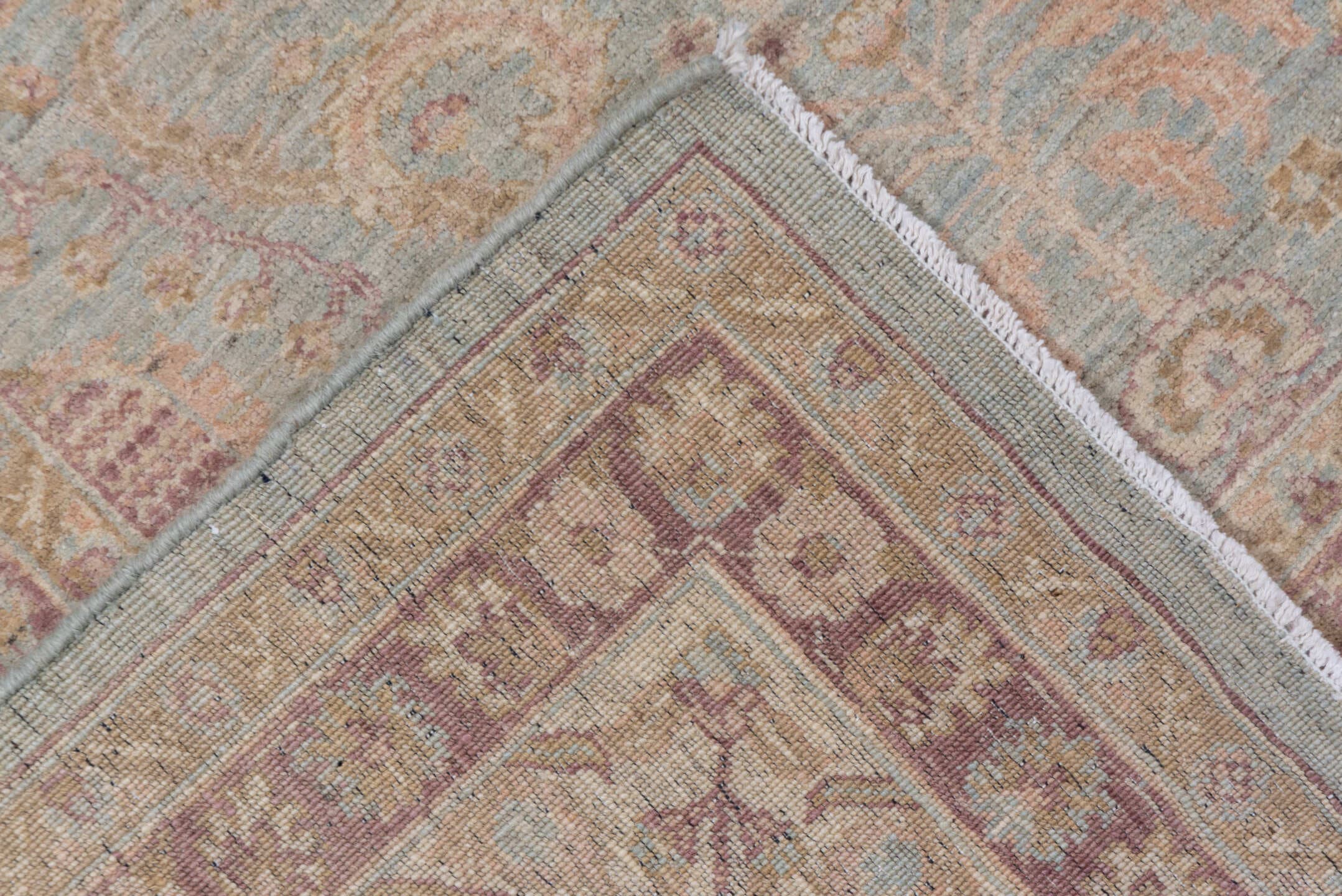 8' x 9' one-of-a-kind handmade vintage Afghan rug. Color palette: light blue, ivory, taupe, dusty rose, beige, lavender