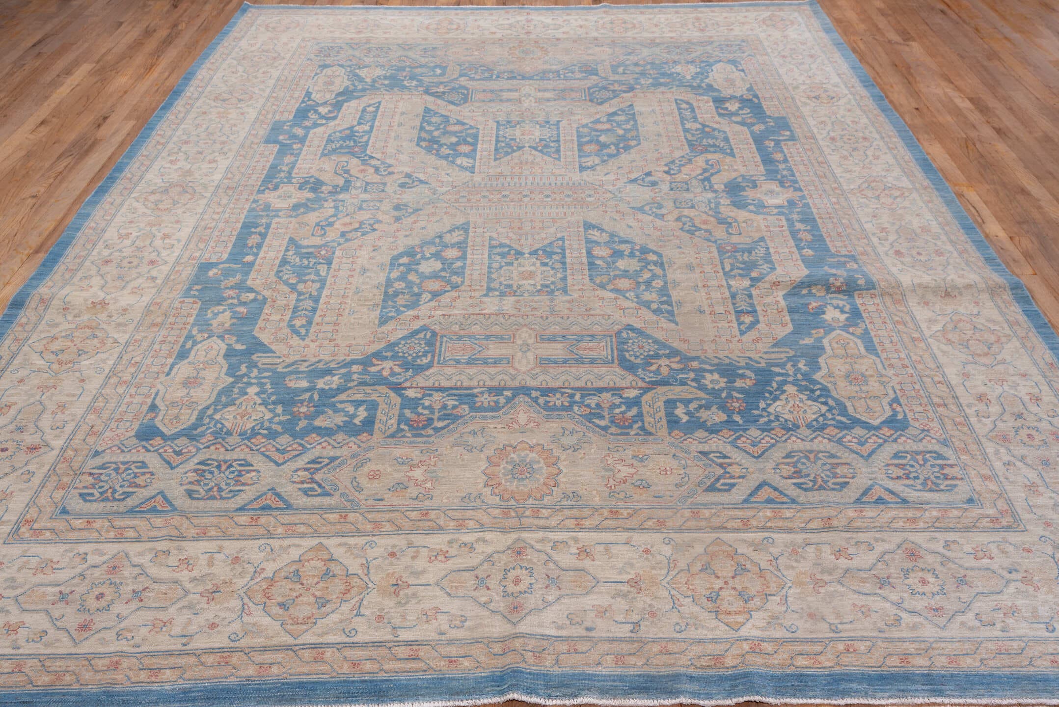9' x 12' one-of-a-kind handmade vintage Afghan large size rug. Color palette: ivory, sky blue, powder blue, blush, taupe