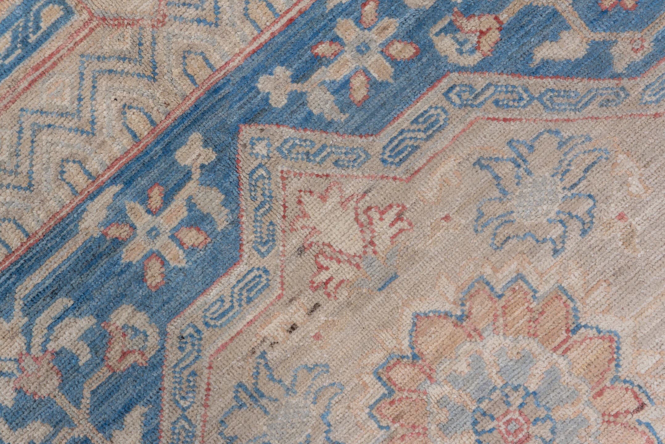 9' x 12' one-of-a-kind handmade vintage Afghan large size rug. Color palette: ivory, sky blue, powder blue, blush, taupe