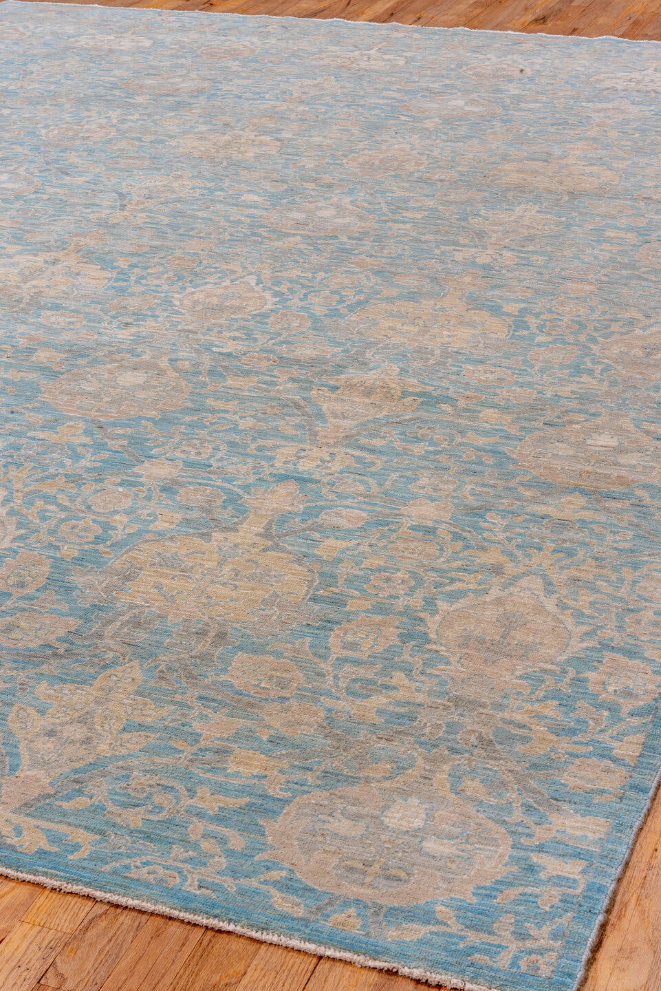 9' x 11' one-of-a-kind handmade vintage Afghan large size rug. Color palette: sky blue, ivory, beige, taupe, cream