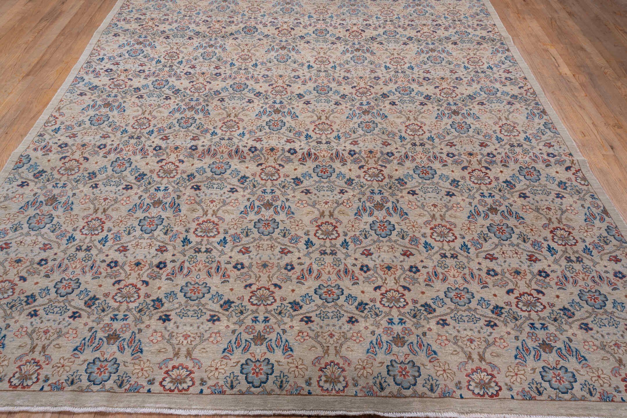8' x 10' one-of-a-kind handmade vintage Afghan large size rug. Color palette: ivory, sky_blue, taupe, rust, slate, rose