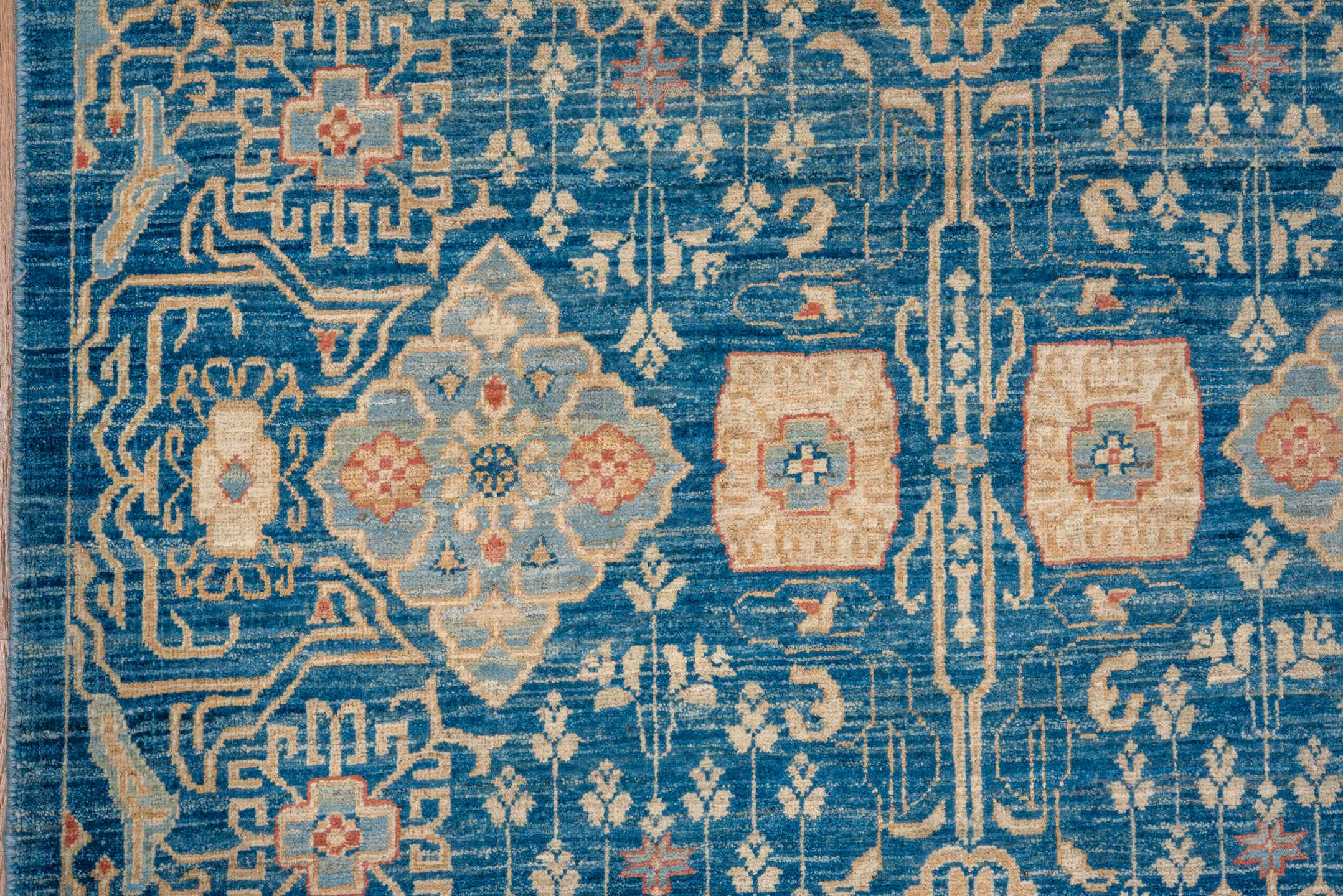 8' x 11' one-of-a-kind handmade vintage Afghan large size rug. Color palette: blue, brown, gray, light blue, light gray