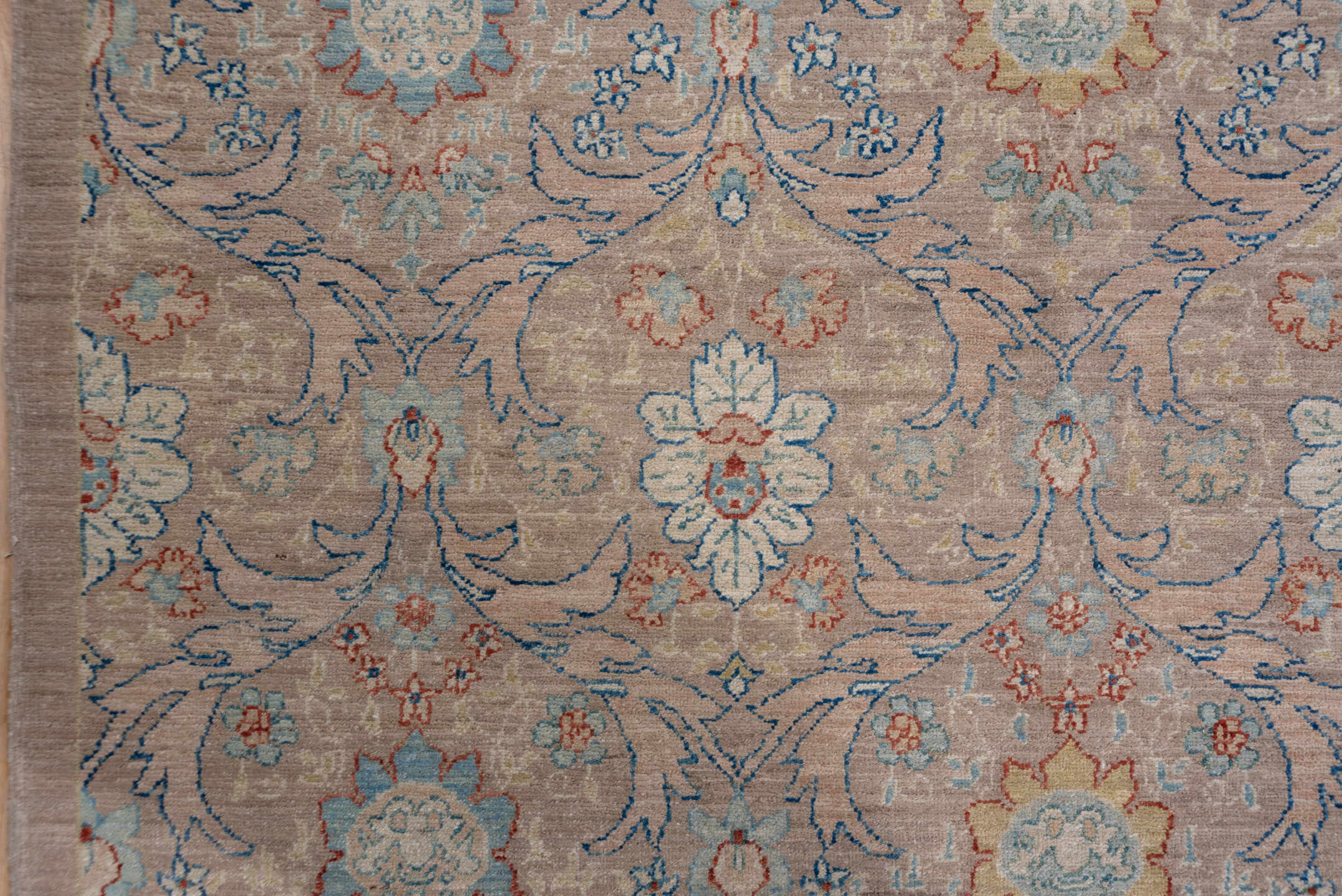 6' x 8' one-of-a-kind handmade vintage Afghan medium size rug. Color palette: taupe, ivory, slate, camel, powder_blue, rust