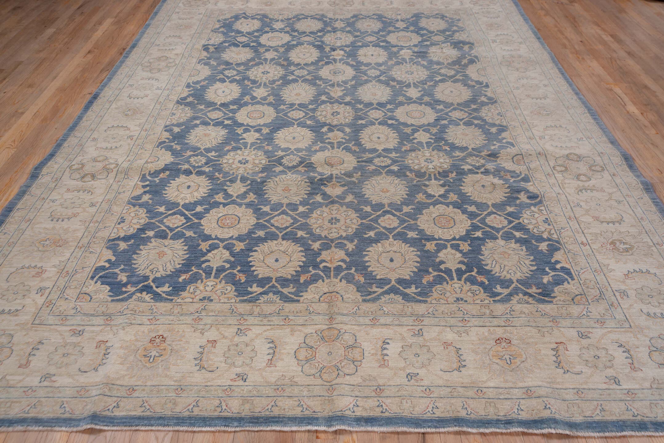 9' x 12' one-of-a-kind handmade vintage Afghan large size rug. Color palette: ivory, blue, beige, taupe, camel, slate