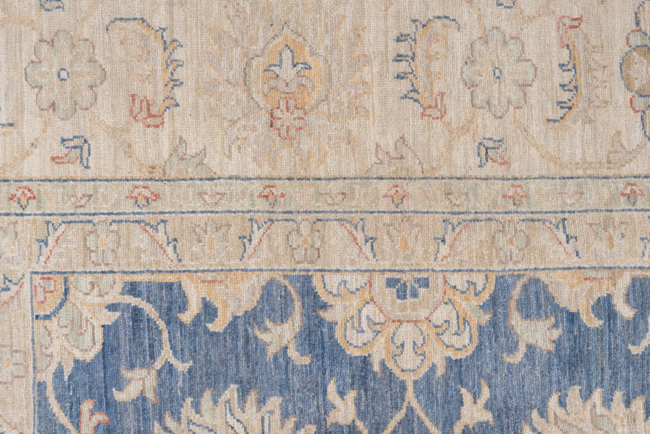 9' x 12' one-of-a-kind handmade vintage Afghan large size rug. Color palette: ivory, blue, beige, taupe, camel, slate