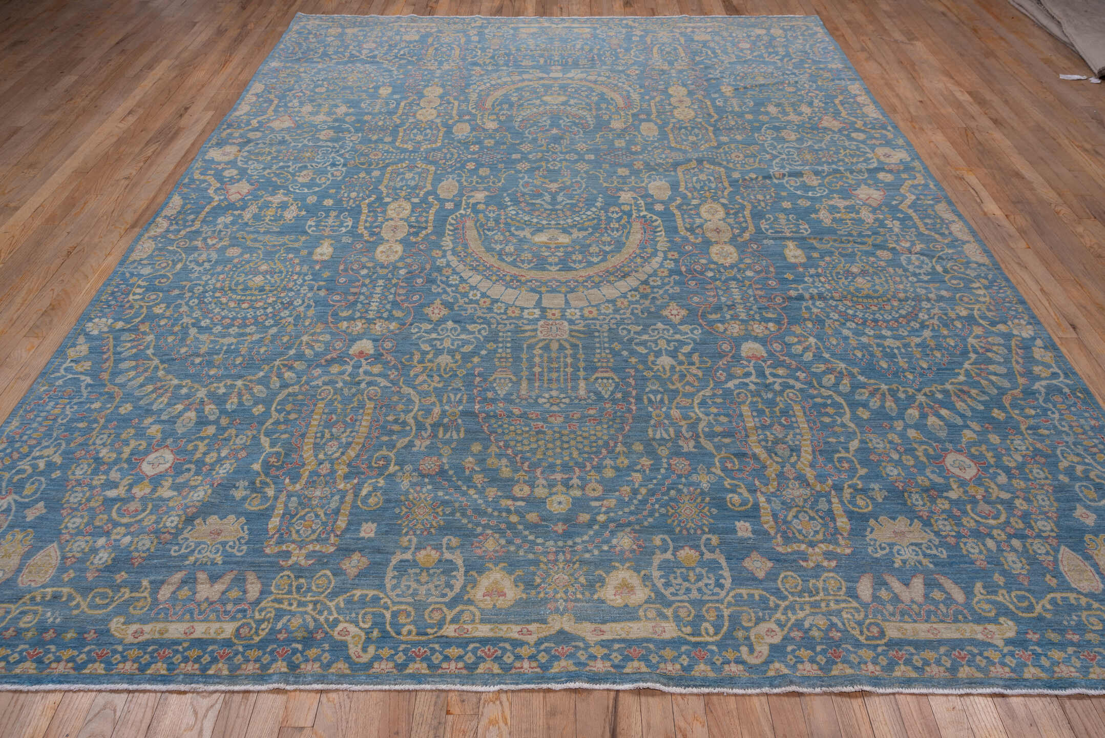 8' x 12' one-of-a-kind handmade vintage Afghan large size rug. Color palette: sky blue, ivory, gold, blush, beige, taupe