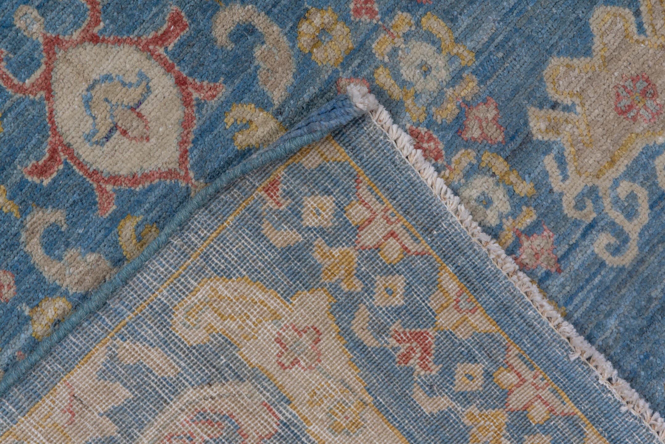 8' x 12' one-of-a-kind handmade vintage Afghan large size rug. Color palette: sky blue, ivory, gold, blush, beige, taupe