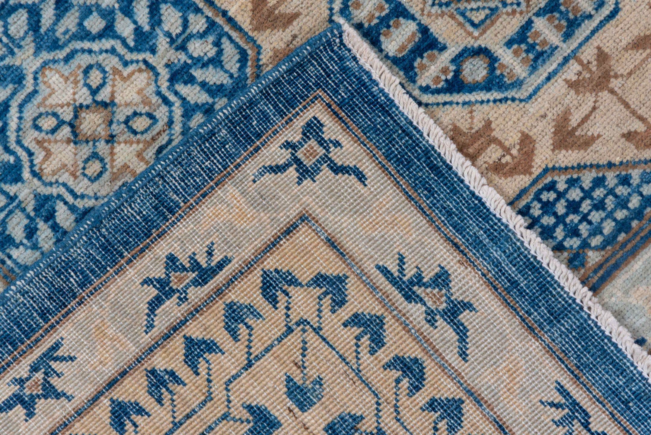 8' x 10' one-of-a-kind handmade vintage Afghan large size rug. Color palette: ivory, blue, camel, taupe, slate, beige, gray