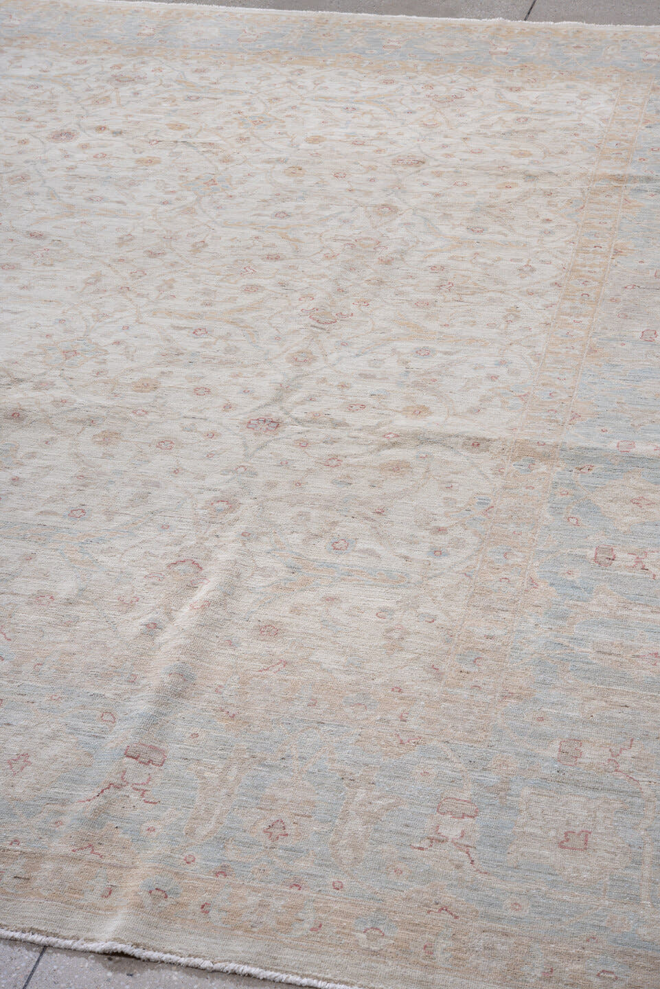 9' x 11' one-of-a-kind handmade vintage Afghan large size rug. Color palette: ivory, pale blue, beige, blush, taupe