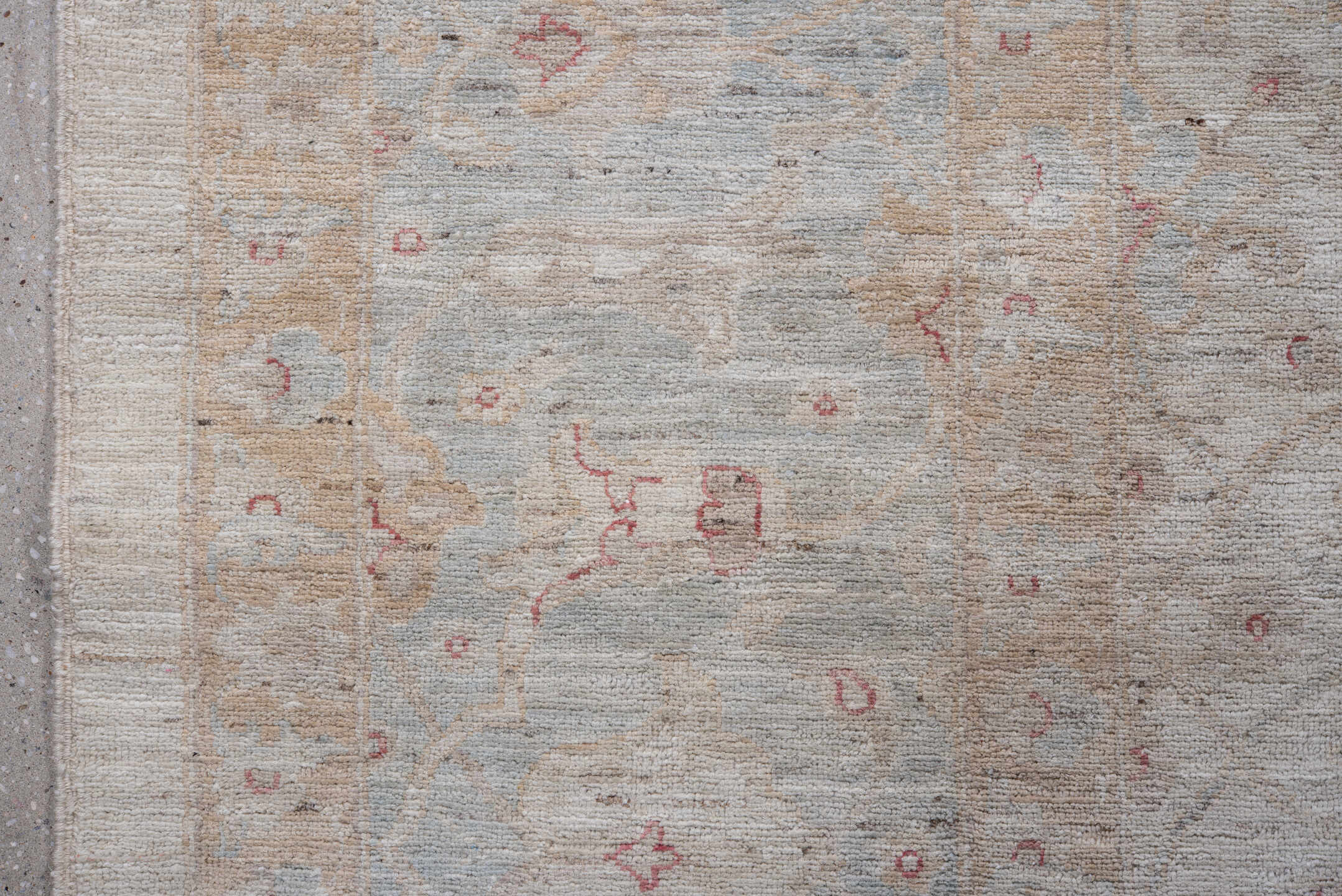 9' x 11' one-of-a-kind handmade vintage Afghan large size rug. Color palette: ivory, pale blue, beige, blush, taupe