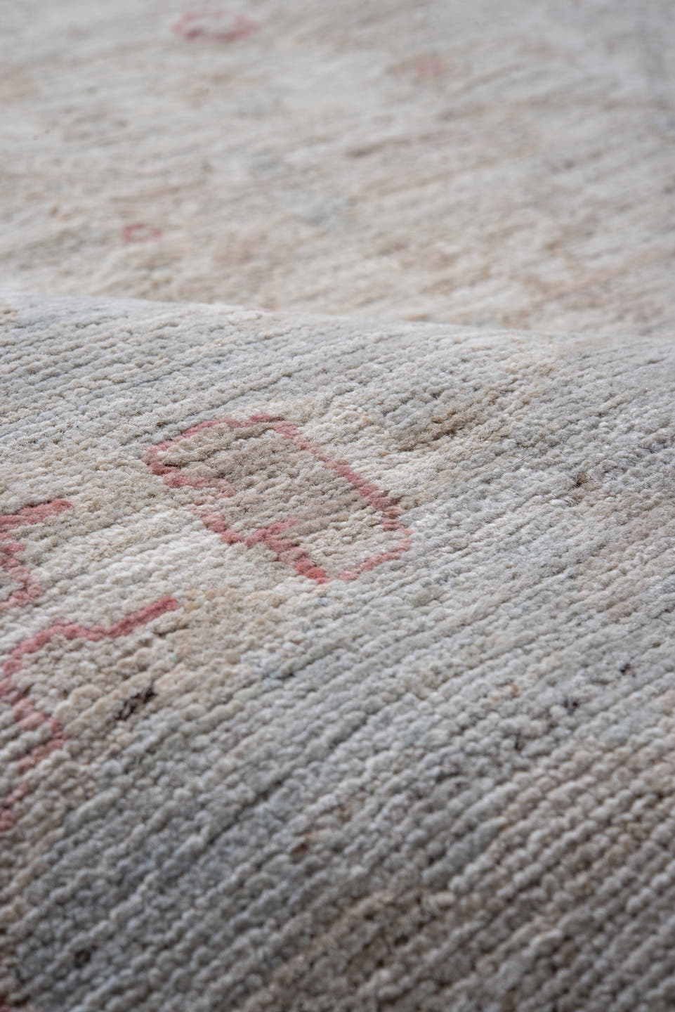9' x 11' one-of-a-kind handmade vintage Afghan large size rug. Color palette: ivory, pale blue, beige, blush, taupe