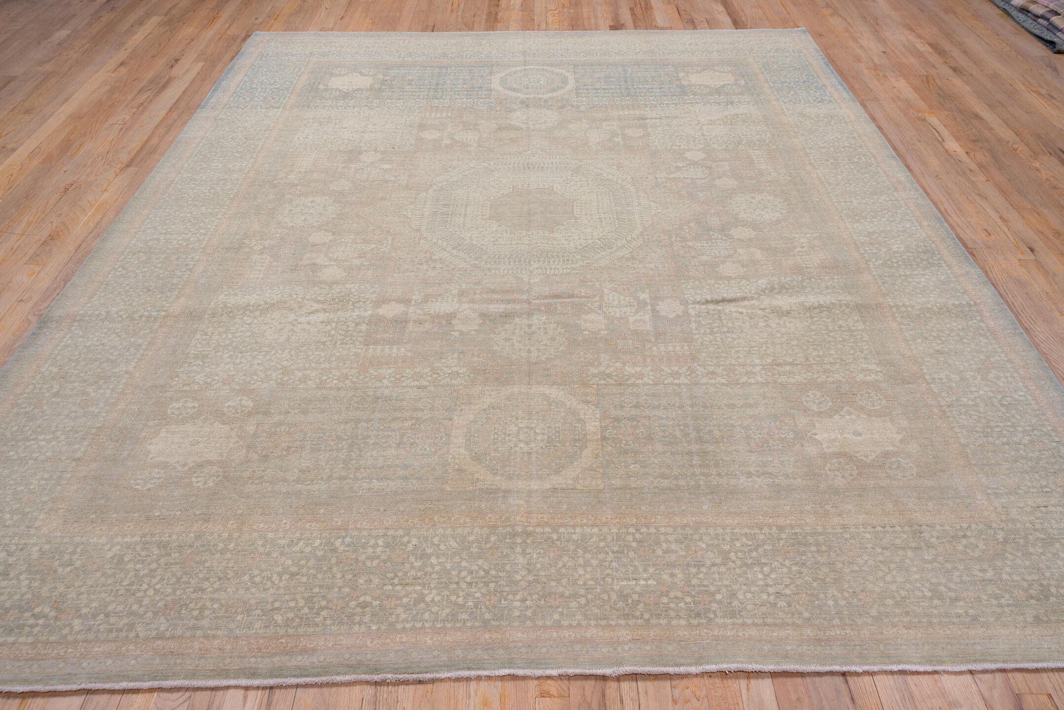 8' x 10' one-of-a-kind handmade vintage Afghan large size rug. Color palette: taupe, dusty blue, ivory, blush, beige, sage