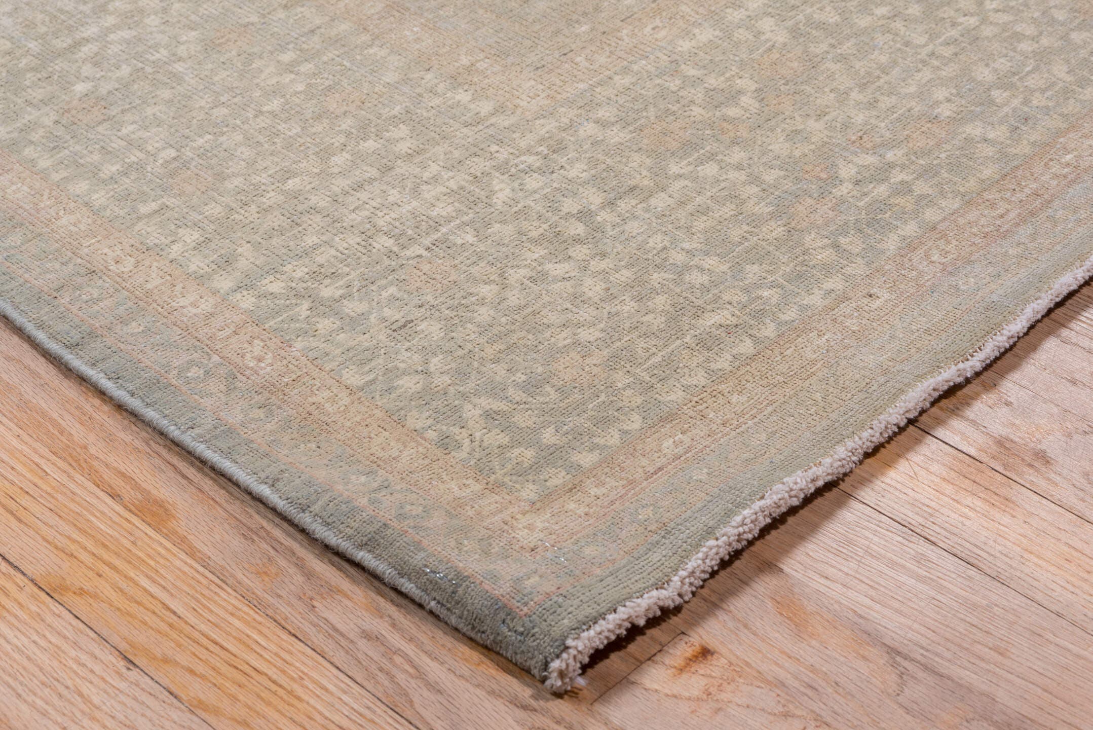 8' x 10' one-of-a-kind handmade vintage Afghan large size rug. Color palette: taupe, dusty blue, ivory, blush, beige, sage