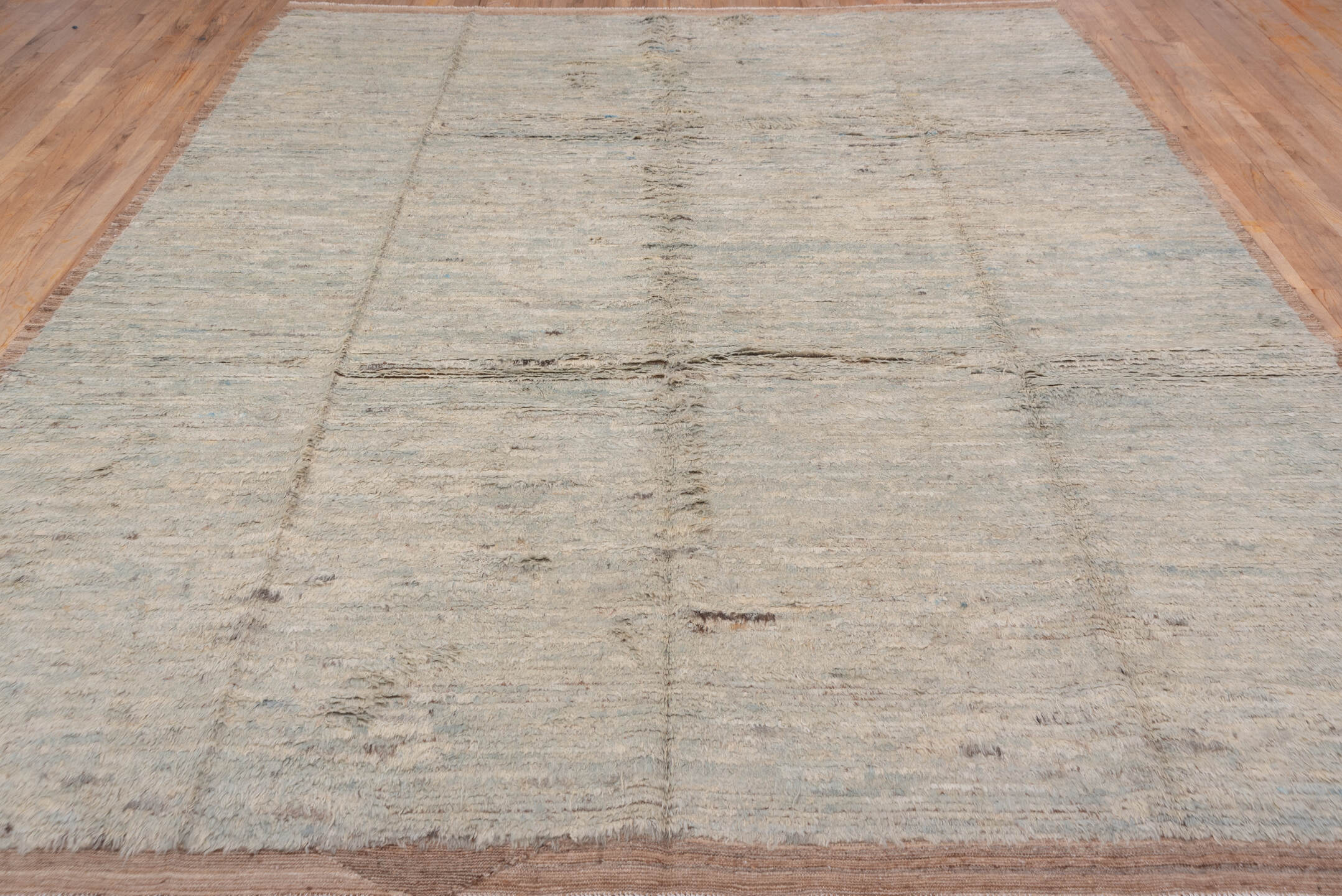 9' x 11' one-of-a-kind handmade vintage Tulu large size rug. Color palette: brown, gray, light gray, off-white, orange, pink