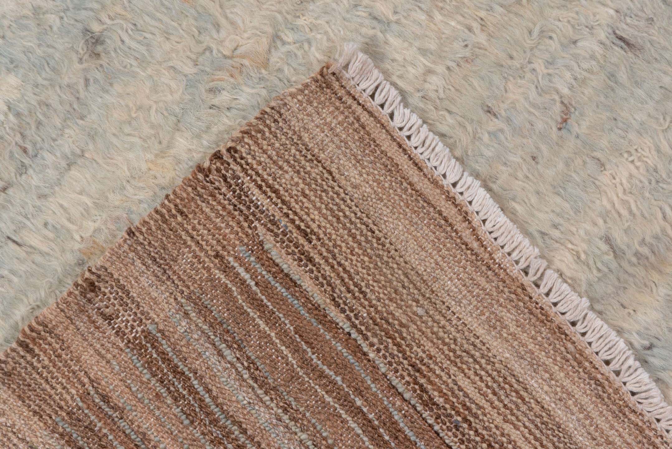 9' x 11' one-of-a-kind handmade vintage Tulu large size rug. Color palette: brown, gray, light gray, off-white, orange, pink