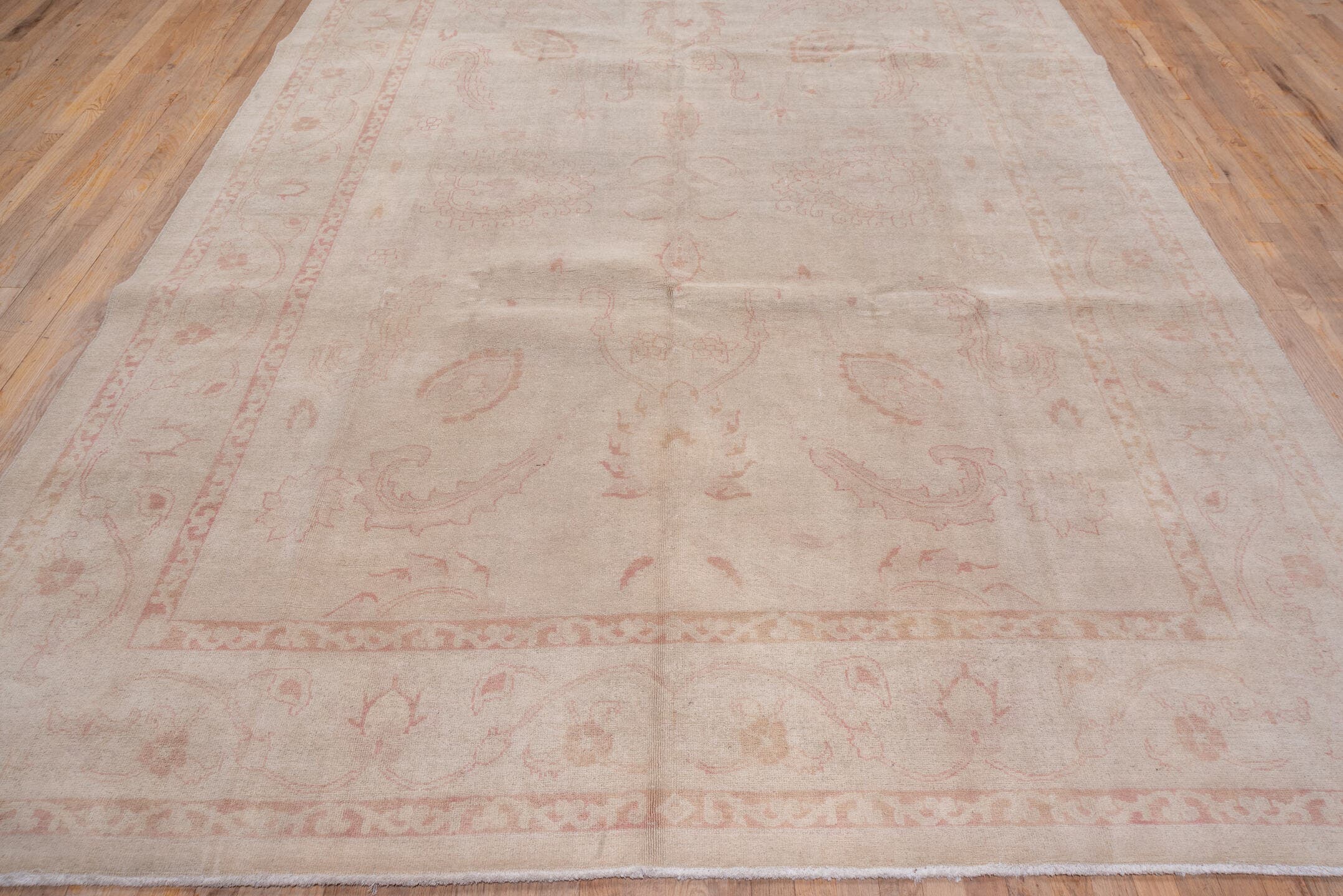 8' x 11' one-of-a-kind handmade vintage Afghan large size rug. Color palette: ivory, blush, cream, taupe, pale rose, pink