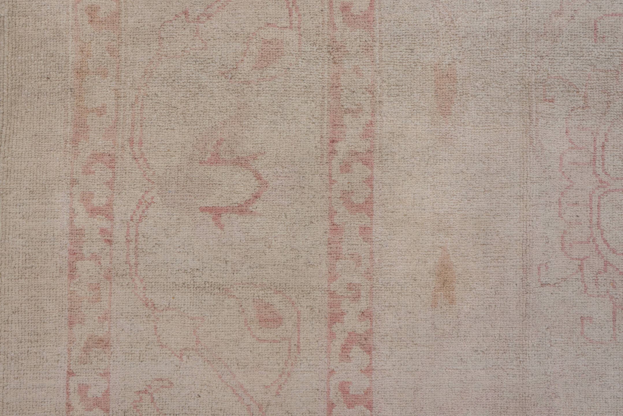8' x 11' one-of-a-kind handmade vintage Afghan large size rug. Color palette: ivory, blush, cream, taupe, pale rose, pink